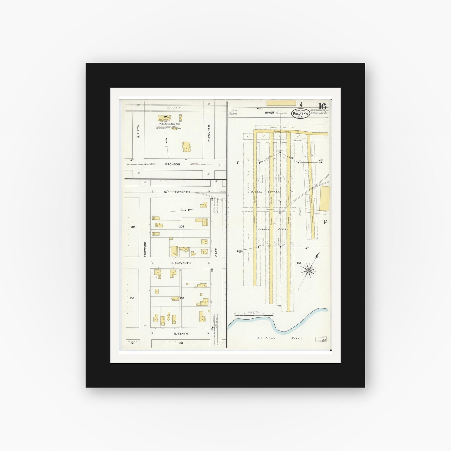 Old map wall art mockup — black gallery frame with white mat — Sanborn Fire Insurance Map from Palatka, Putnam County, Florida (1909), Sheet #0016