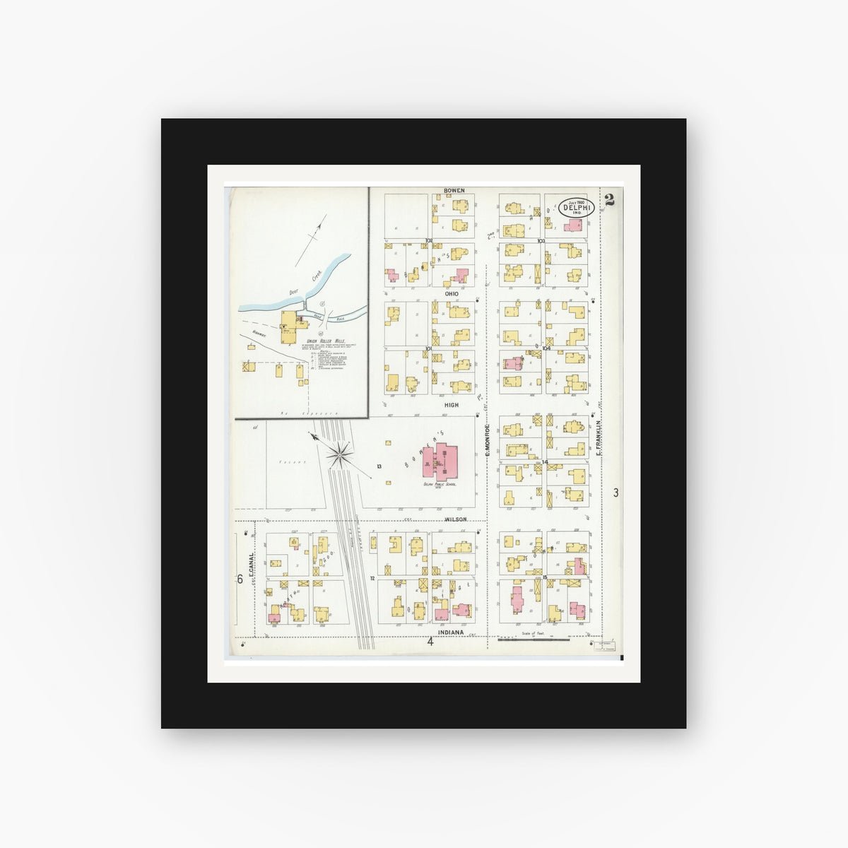 Old map wall art mockup — black gallery frame with white mat — Sanborn Fire Insurance Map from Delphi, Carroll County, Indiana (1900), Sheet #0002