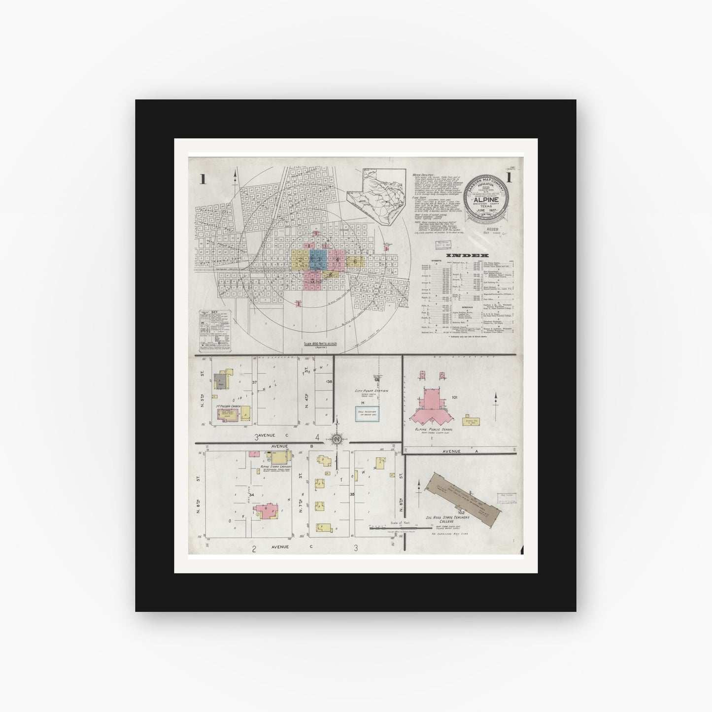 Old map wall art mockup — black gallery frame with white mat — Sanborn Fire Insurance Map from Alpine, Brewster County, Texas (1927), Sheet #0001