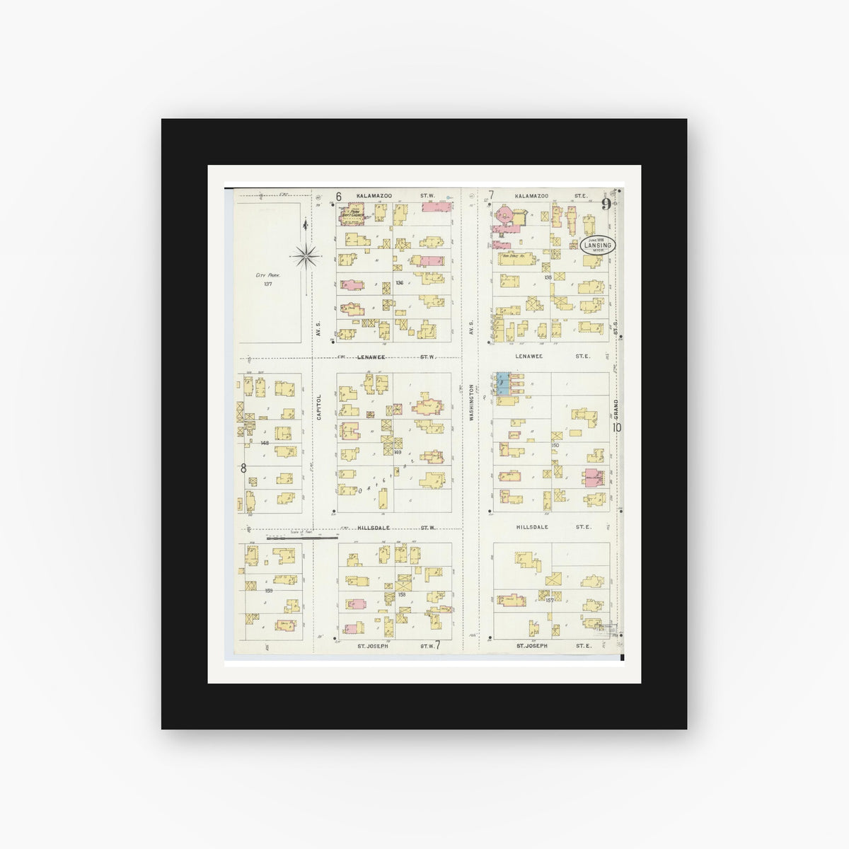 Old map wall art mockup — black gallery frame with white mat — Sanborn Fire Insurance Map from Lansing, Ingham County, Michigan (1898), Sheet #0009