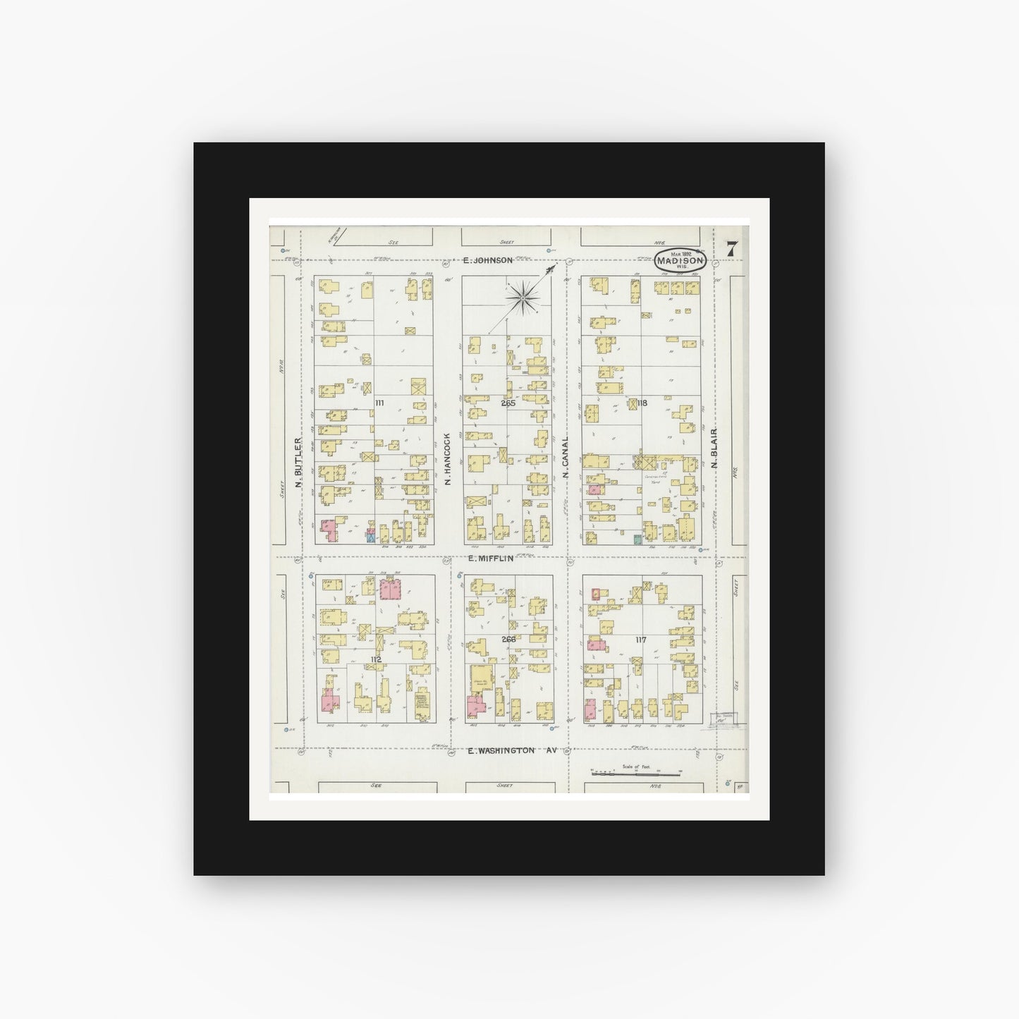 Old map wall art mockup — black gallery frame with white mat — Sanborn Fire Insurance Map from Madison, Dane County, Wisconsin (1892), Sheet #0007