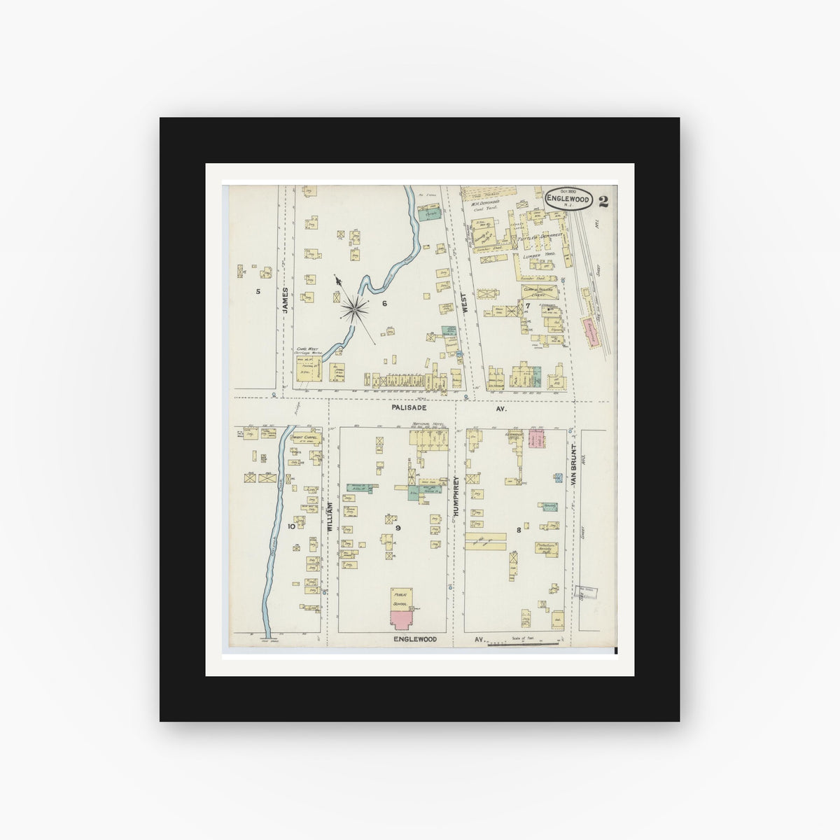 Old map wall art mockup — black gallery frame with white mat — Sanborn Fire Insurance Map from Englewood, Bergen County, New Jersey (1890), Sheet #0002