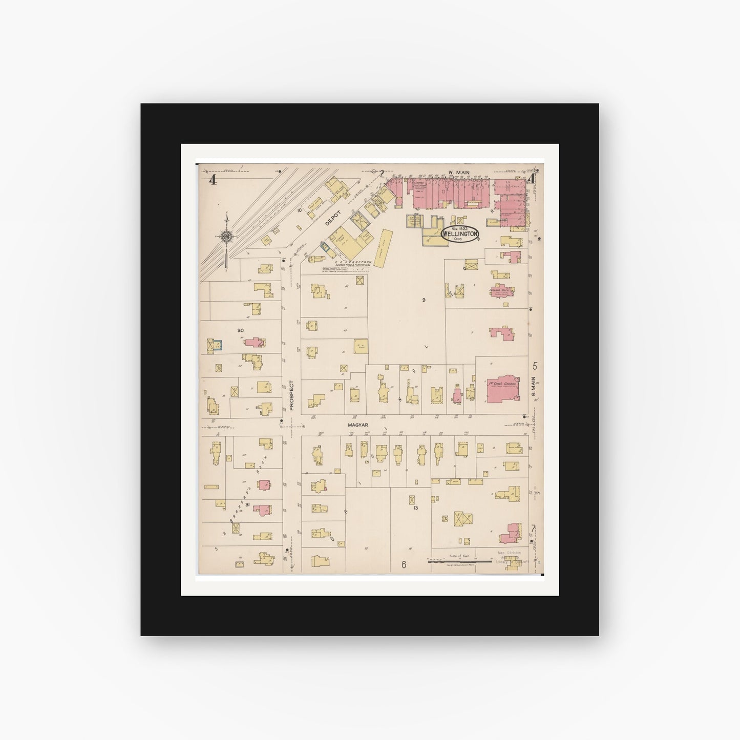 Old map wall art mockup — black gallery frame with white mat — Sanborn Fire Insurance Map from Wellington, Lorain County, Ohio (1922), Sheet #0004