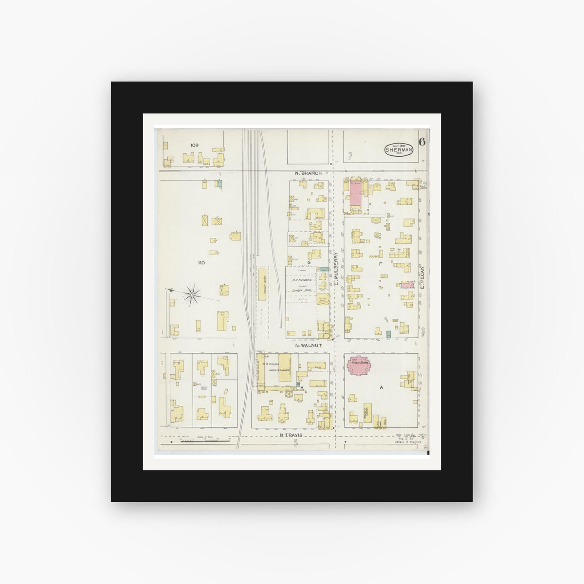 Old map wall art mockup — black gallery frame with white mat — Sanborn Fire Insurance Map from Sherman, Grayson County, Texas (1892), Sheet #0006