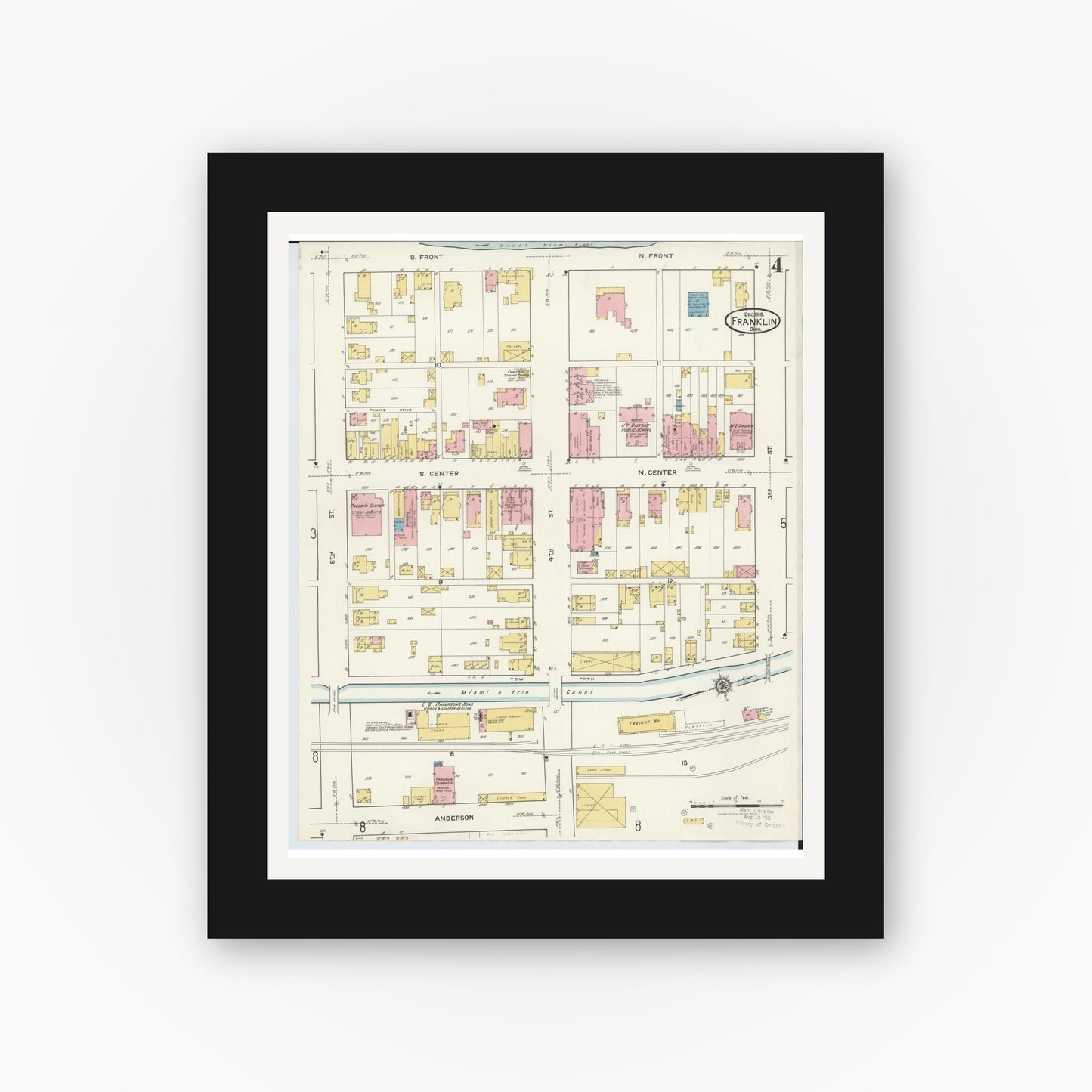 Old map wall art mockup — black gallery frame with white mat — Sanborn Fire Insurance Map from Franklin, Warren County, Ohio (1916), Sheet #0004