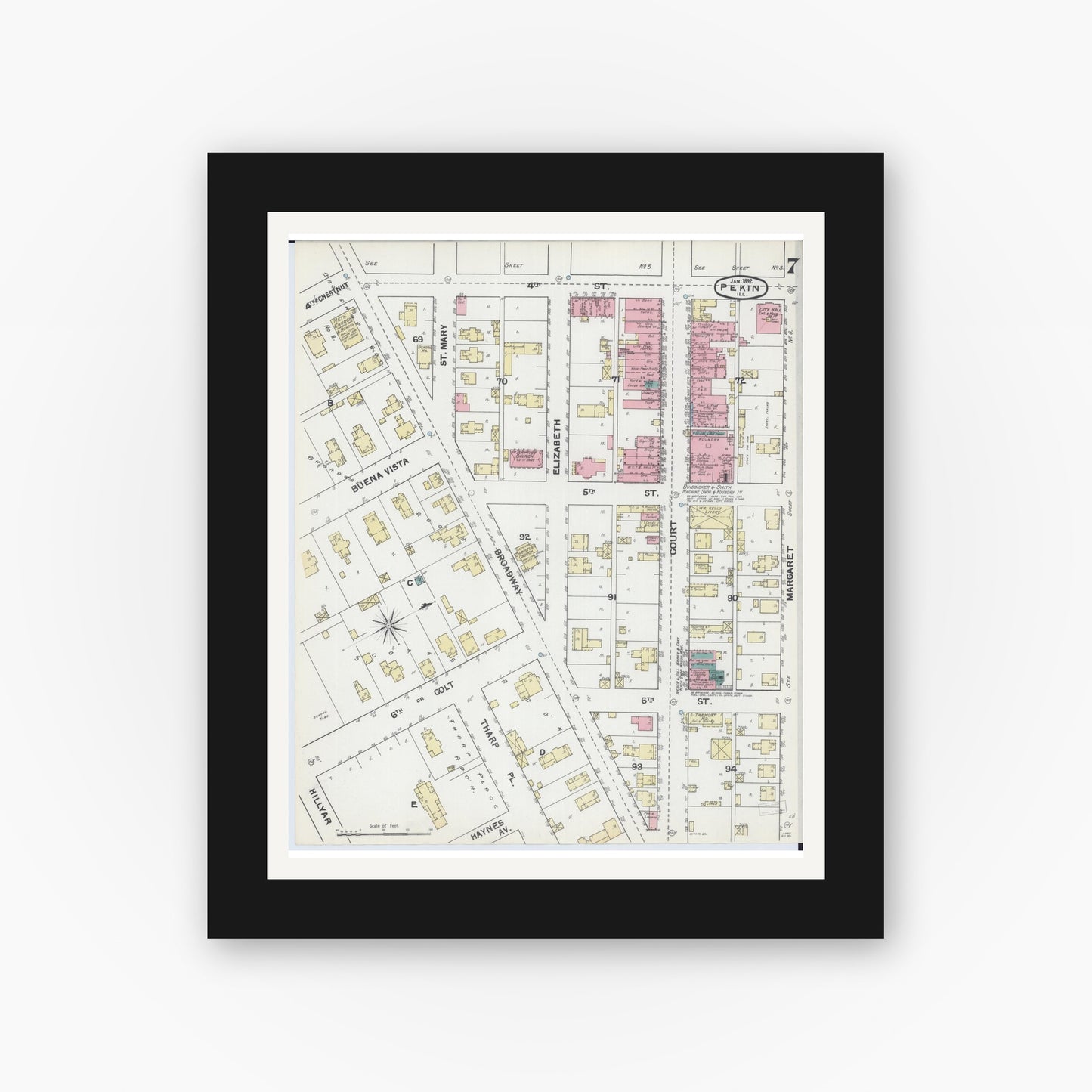 Old map wall art mockup — black gallery frame with white mat — Sanborn Fire Insurance Map from Pekin, Tazewell County, Illinois (1892), Sheet #0007