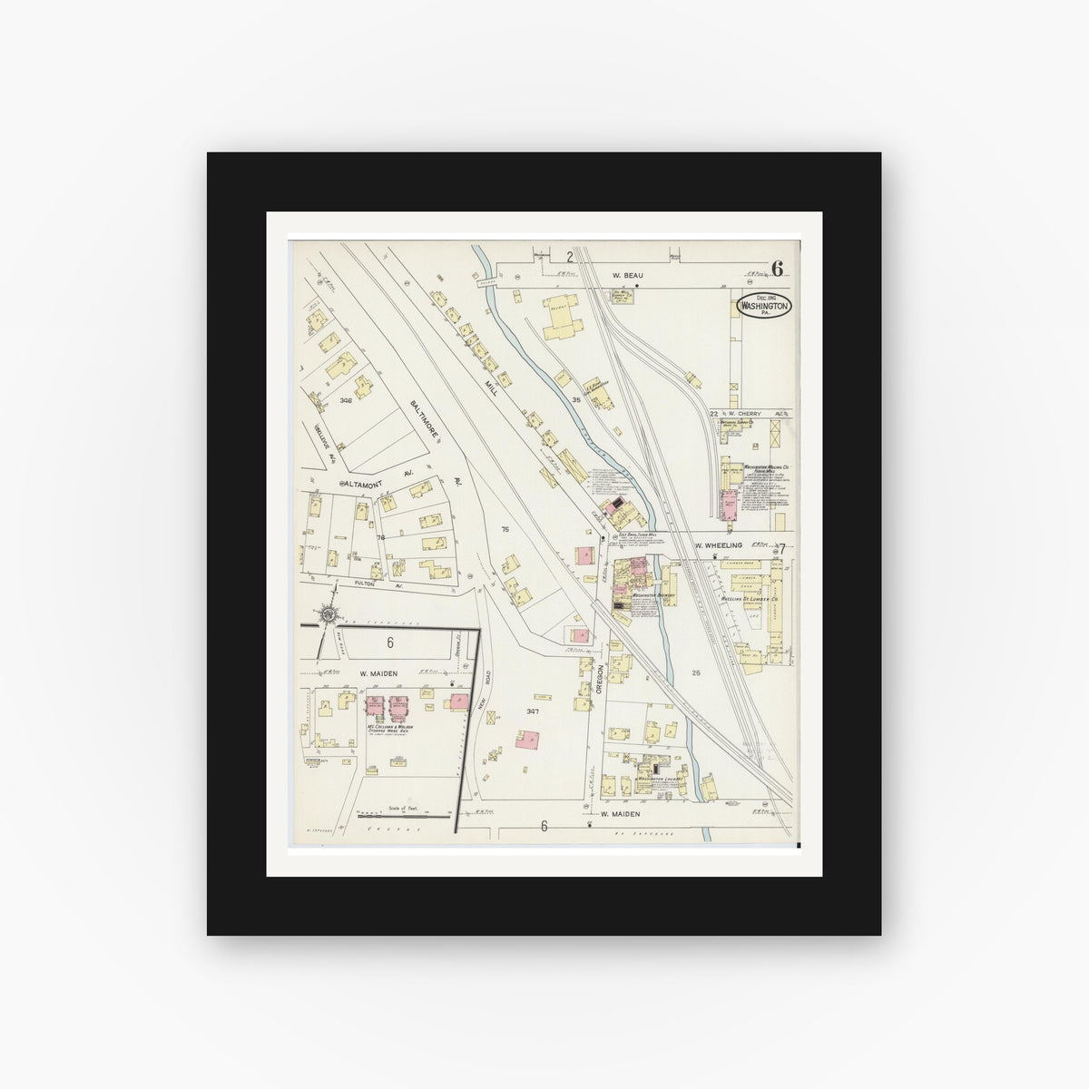 Old map wall art mockup — black gallery frame with white mat — Sanborn Fire Insurance Map from Washington, Washington County, Pennsylvania (1914), Sheet #0006