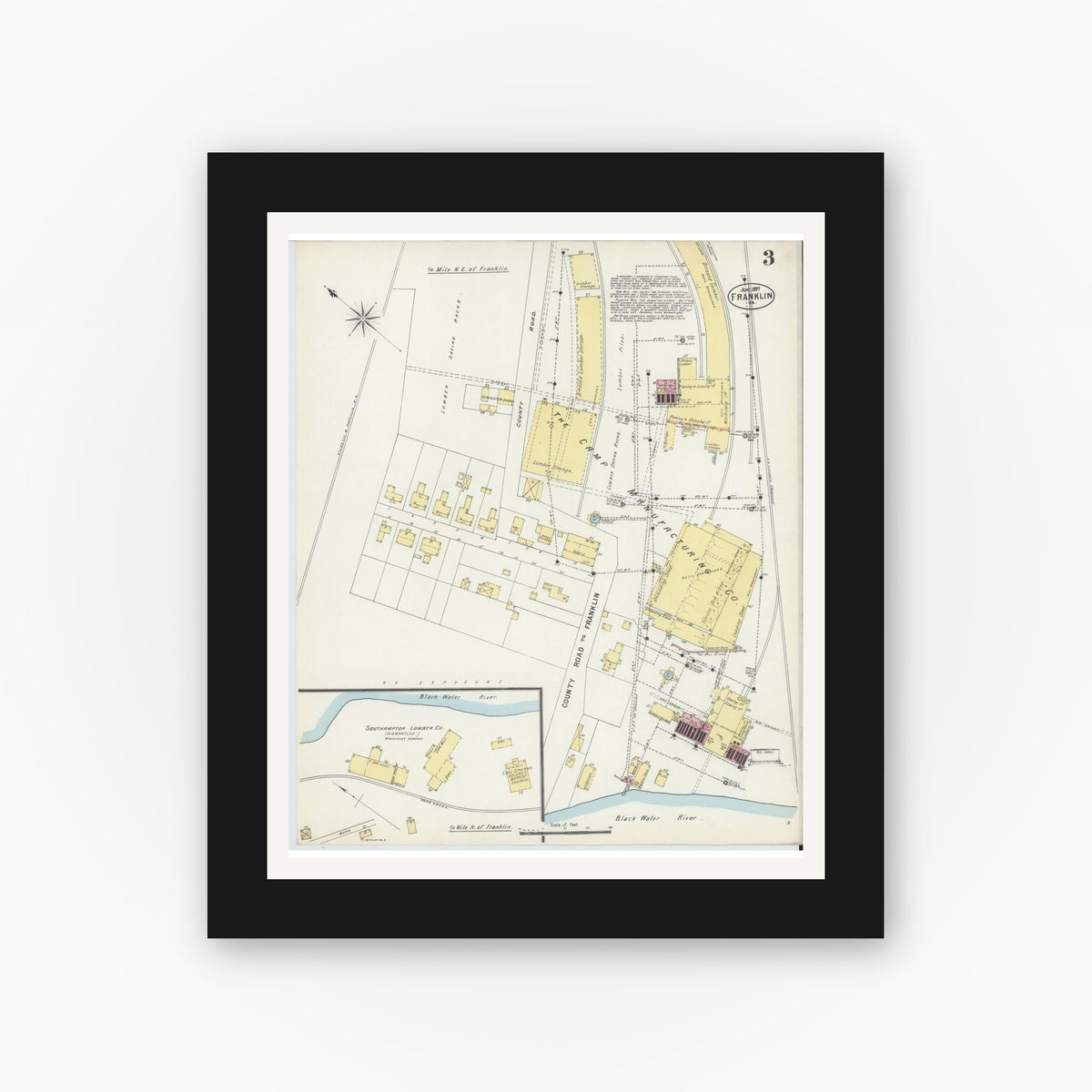 Old map wall art mockup — black gallery frame with white mat — Sanborn Fire Insurance Map from Franklin, Independent Cities, Virginia (1897), Sheet #0003