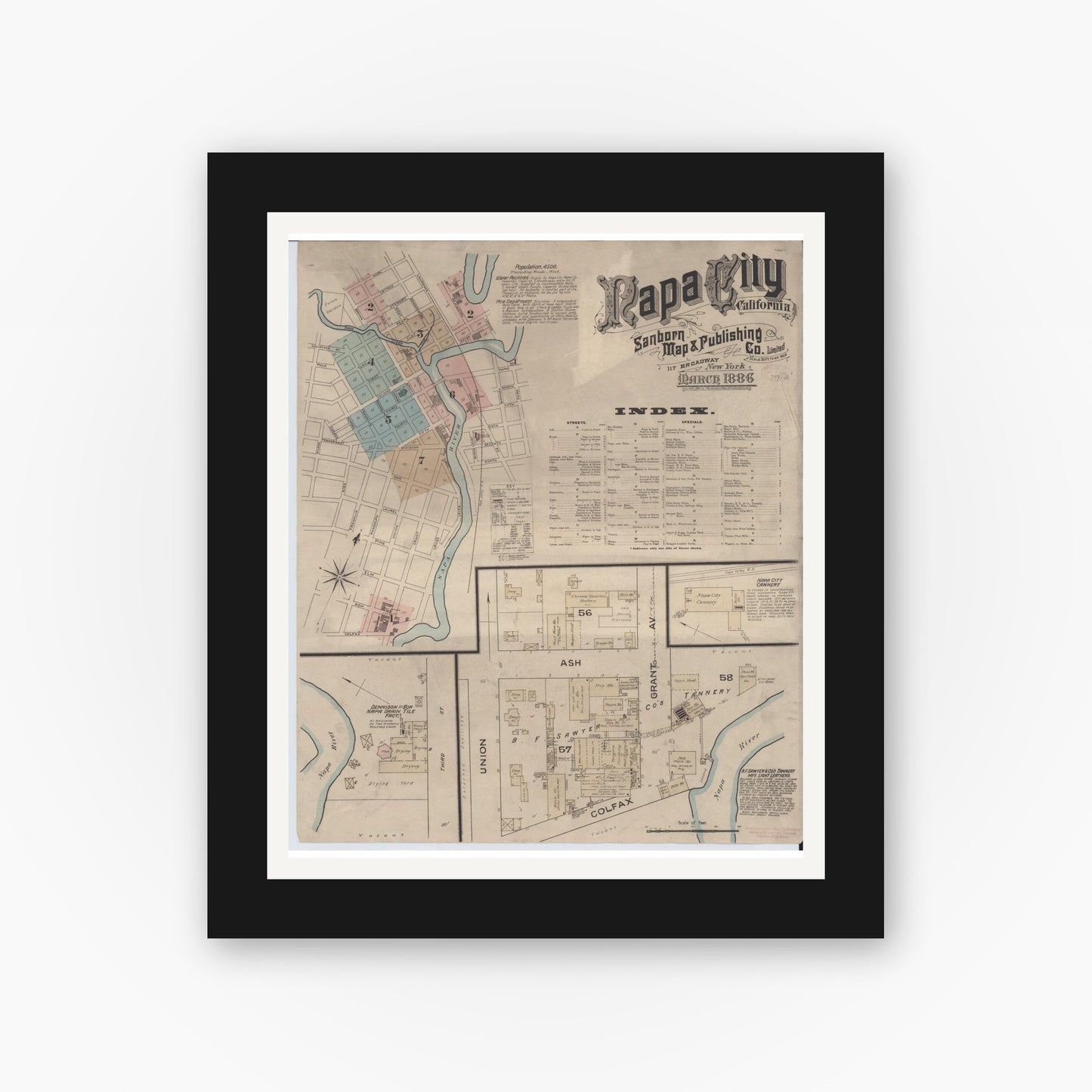 Old map wall art mockup — black gallery frame with white mat — Sanborn Fire Insurance Map from Napa, Napa County, California (1886) - Complete Map Set