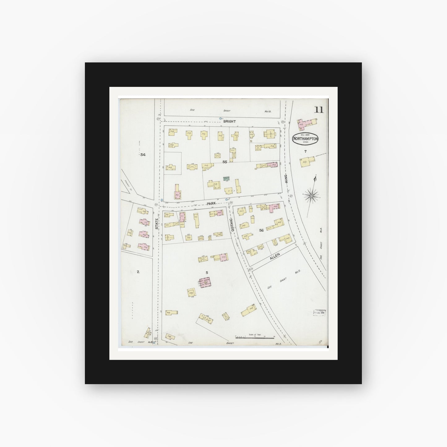 Old map wall art mockup — black gallery frame with white mat — Sanborn Fire Insurance Map from Northampton, Hampshire County, Massachusetts (1889), Sheet #0011