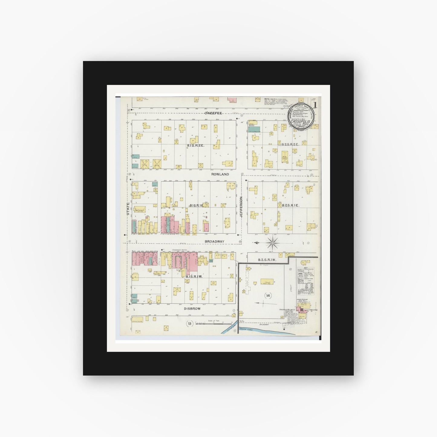 Old map wall art mockup — black gallery frame with white mat — Sanborn Fire Insurance Map from Cassopolis, Cass County, Michigan (1892), Sheet #0001