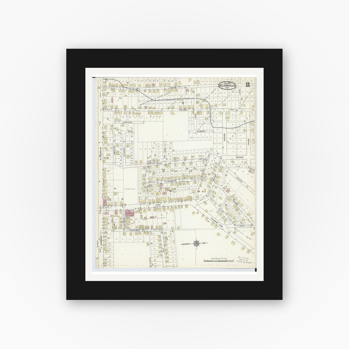 Old map wall art mockup — black gallery frame with white mat — Sanborn Fire Insurance Map from Nelsonville, Athens County, Ohio (1914), Sheet #0008