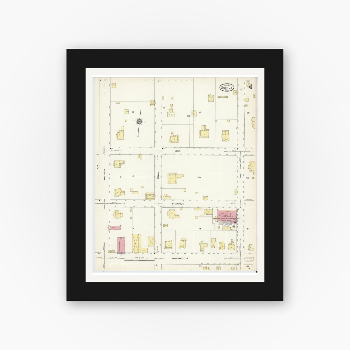 Old map wall art mockup — black gallery frame with white mat — Sanborn Fire Insurance Map from Quincy, Gadsden County, Florida (1913), Sheet #0004