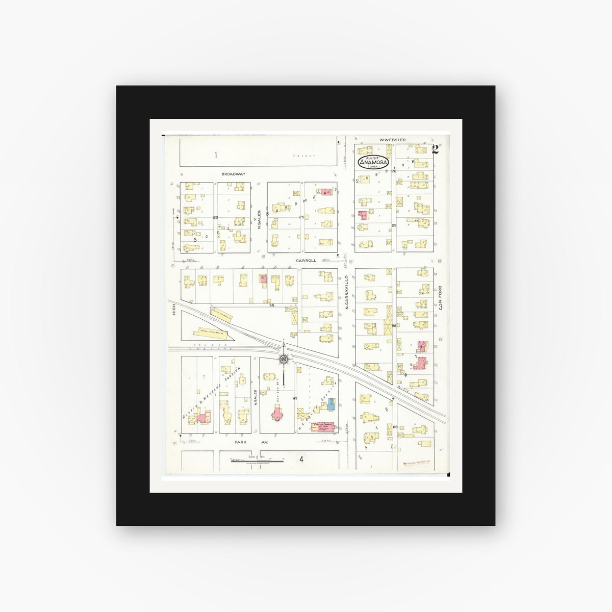 Old map wall art mockup — black gallery frame with white mat — Sanborn Fire Insurance Map from Anamosa, Jones County, Iowa (1917), Sheet #0002