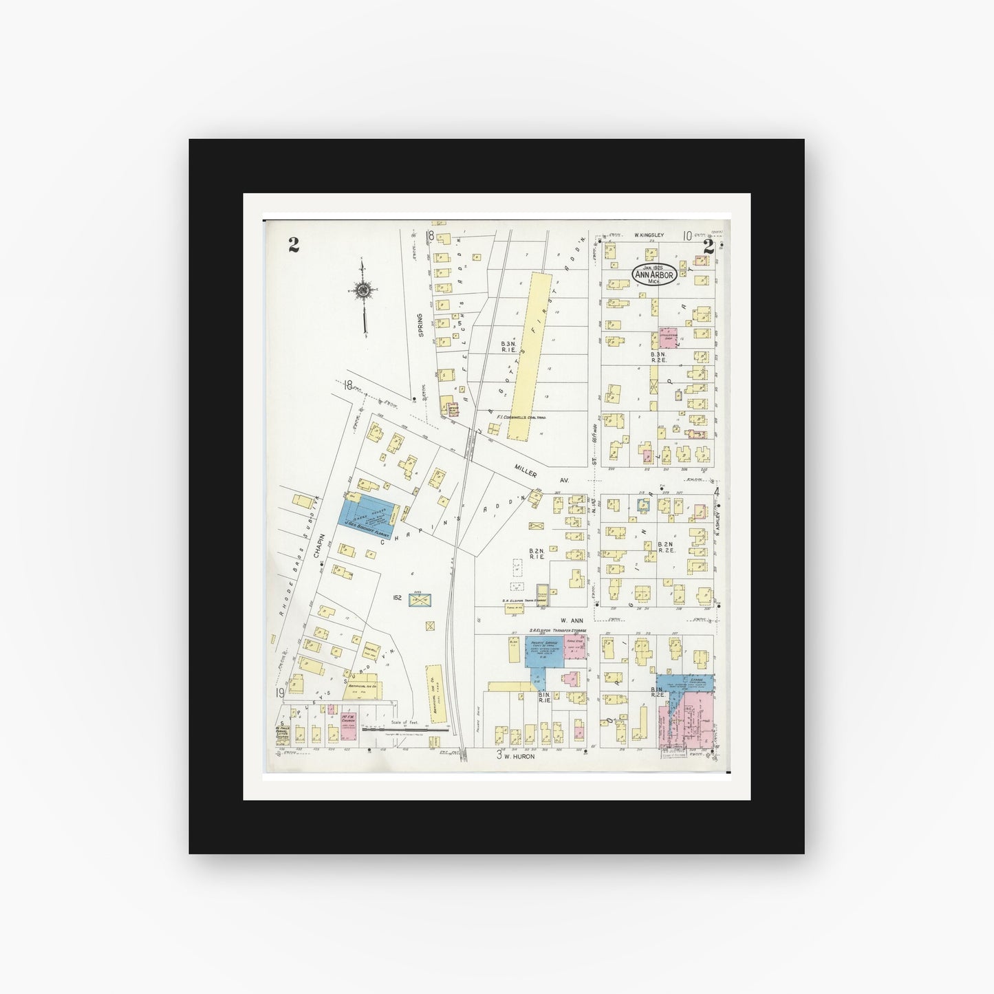 Old map wall art mockup — black gallery frame with white mat — Sanborn Fire Insurance Map from Ann Arbor, Washtenaw County, Michigan (1925), Sheet #0002