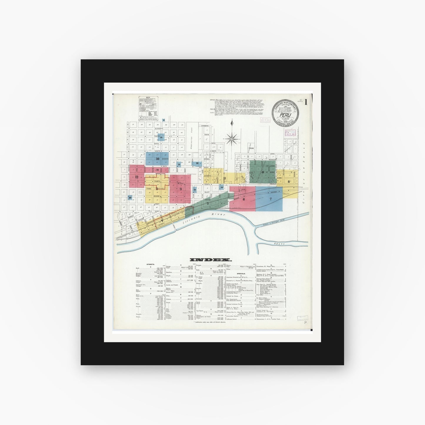 Old map wall art mockup — black gallery frame with white mat — Sanborn Fire Insurance Map from Peru, La Salle County, Illinois (1909) - Complete Map Set