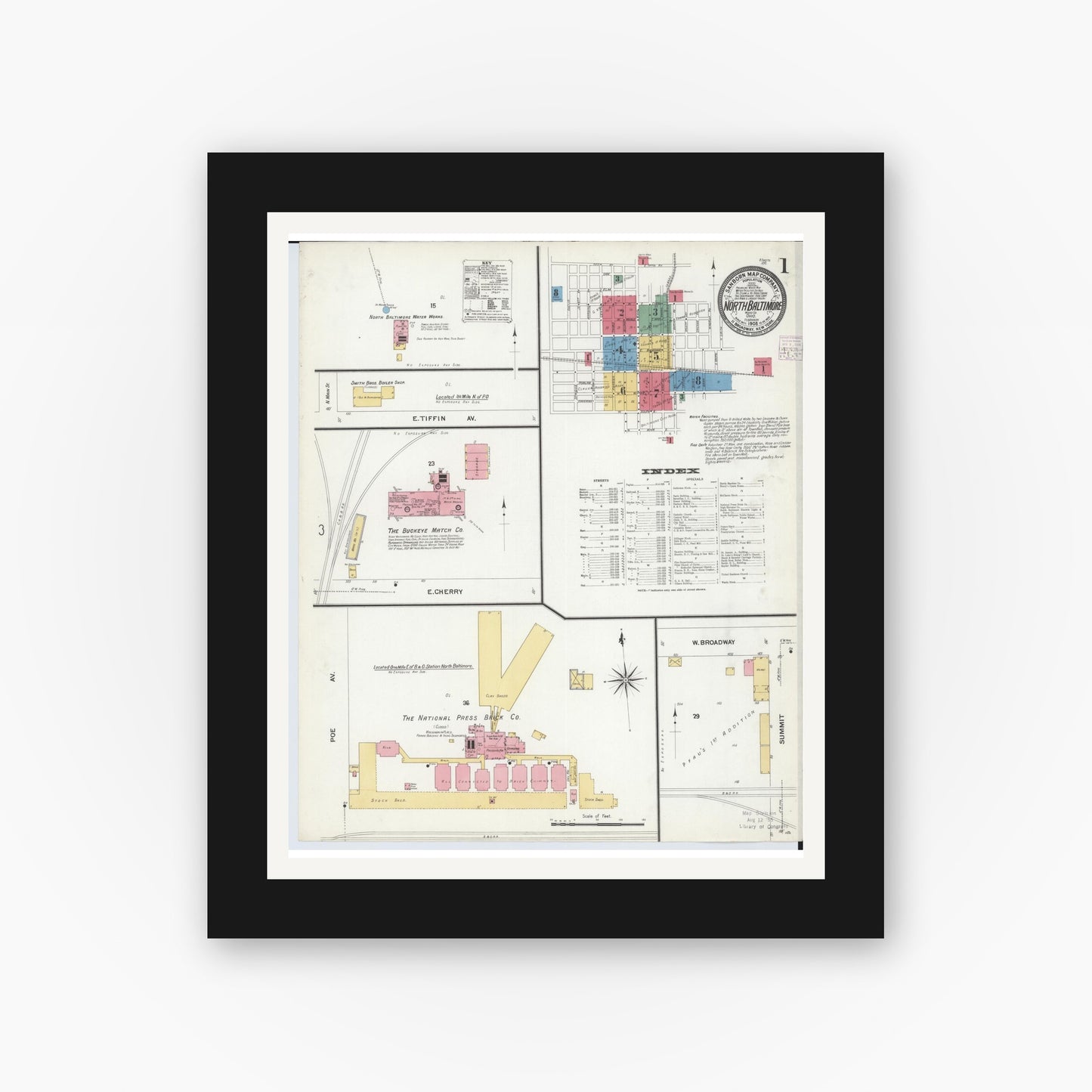 Old map wall art mockup — black gallery frame with white mat — Sanborn Fire Insurance Map from North Baltimore, Wood County, Ohio (1908), Sheet #0001