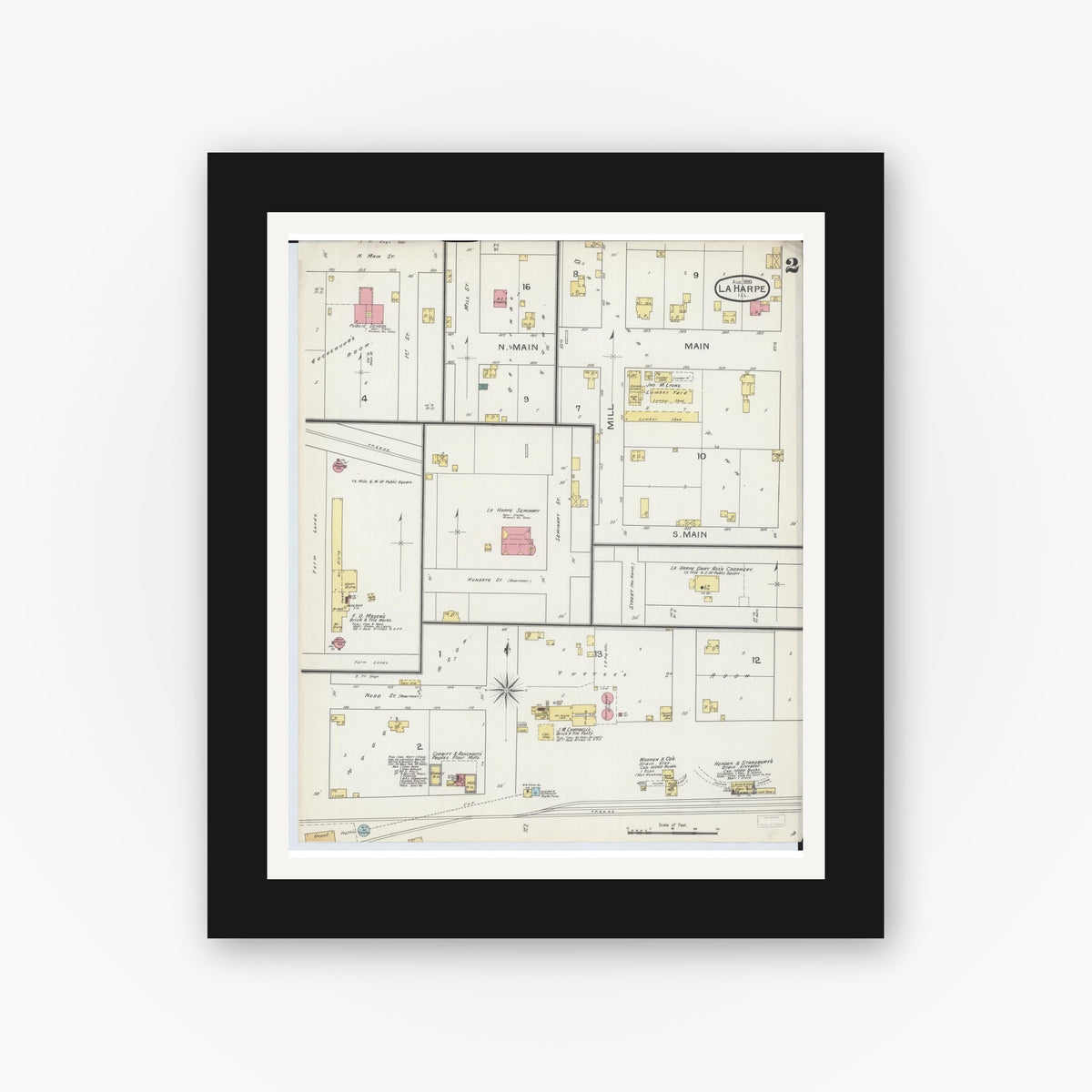 Old map wall art mockup — black gallery frame with white mat — Sanborn Fire Insurance Map from La Harpe, Hancock County, Illinois (1893), Sheet #0002