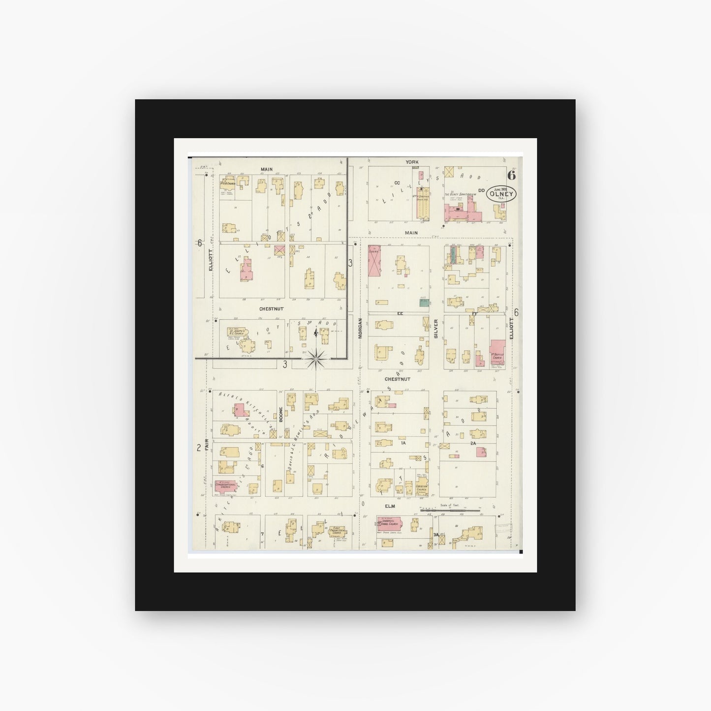 Old map wall art mockup — black gallery frame with white mat — Sanborn Fire Insurance Map from Olney, Richland County, Illinois (1902), Sheet #0006