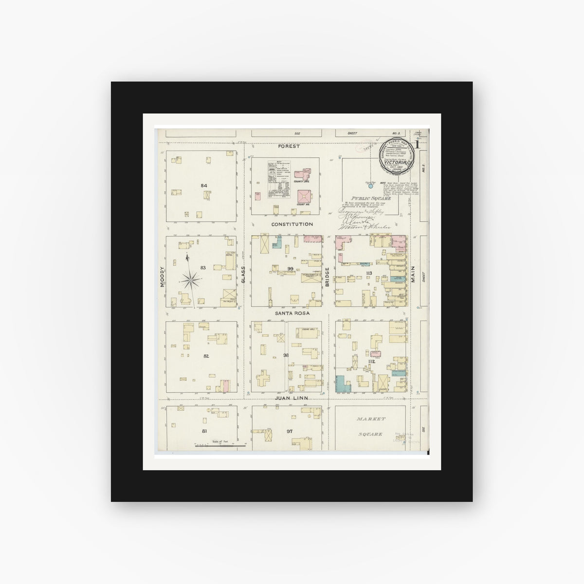 Old map wall art mockup — black gallery frame with white mat — Sanborn Fire Insurance Map from Victoria, Victoria County, Texas (1891), Sheet #0001