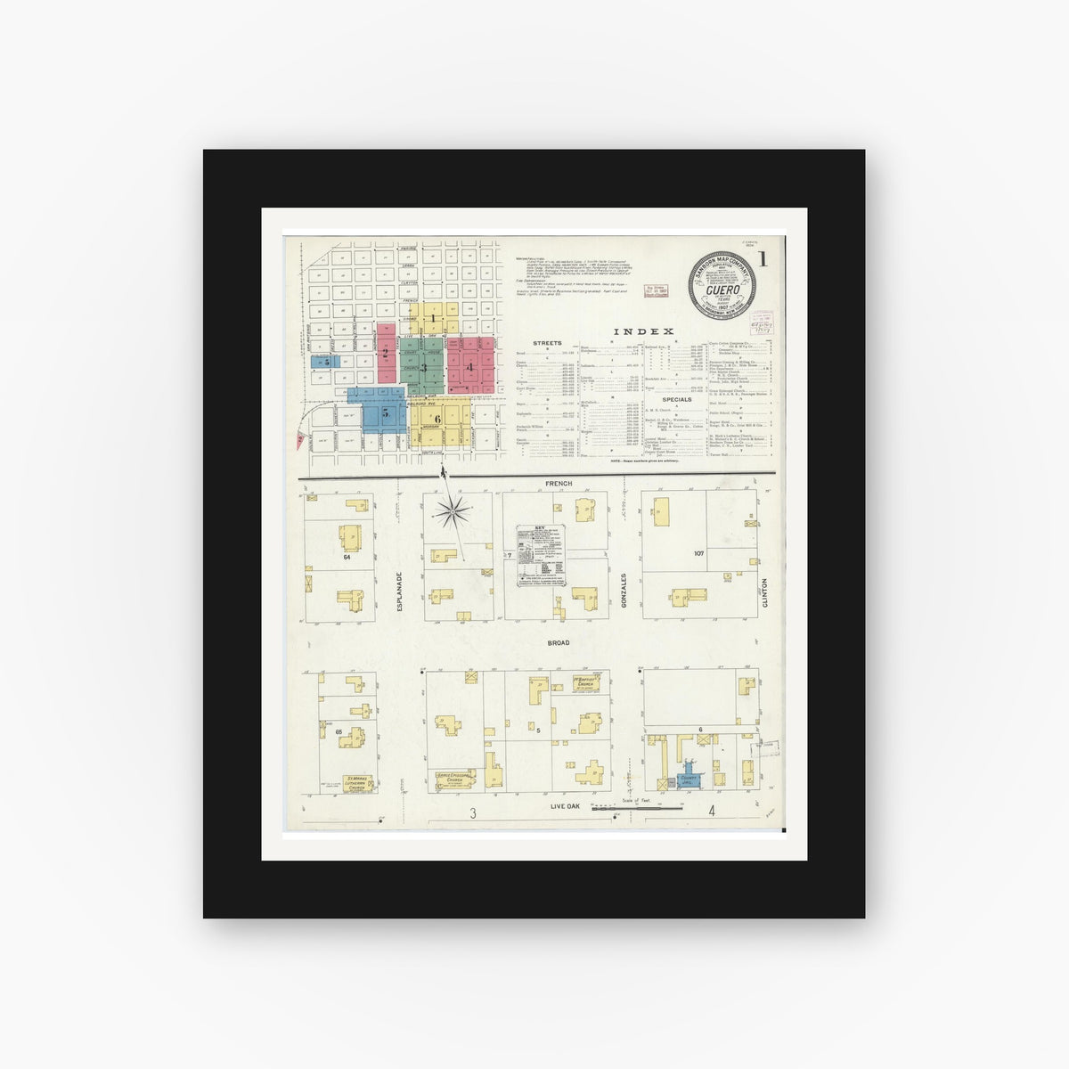 Old map wall art mockup — black gallery frame with white mat — Sanborn Fire Insurance Map from Cuero, De Witt County, Texas (1907), Sheet #0001