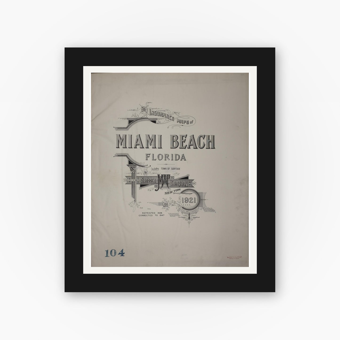Old map wall art mockup — black gallery frame with white mat — Sanborn Fire Insurance Map from Miami Beach, Dade County, Florida (1948), Sheet #0001