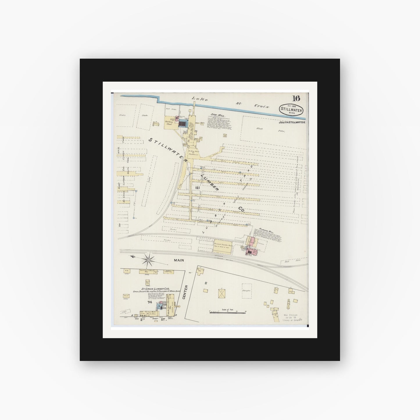Old map wall art mockup — black gallery frame with white mat — Sanborn Fire Insurance Map from Stillwater, Washington County, Minnesota (1888), Sheet #0016