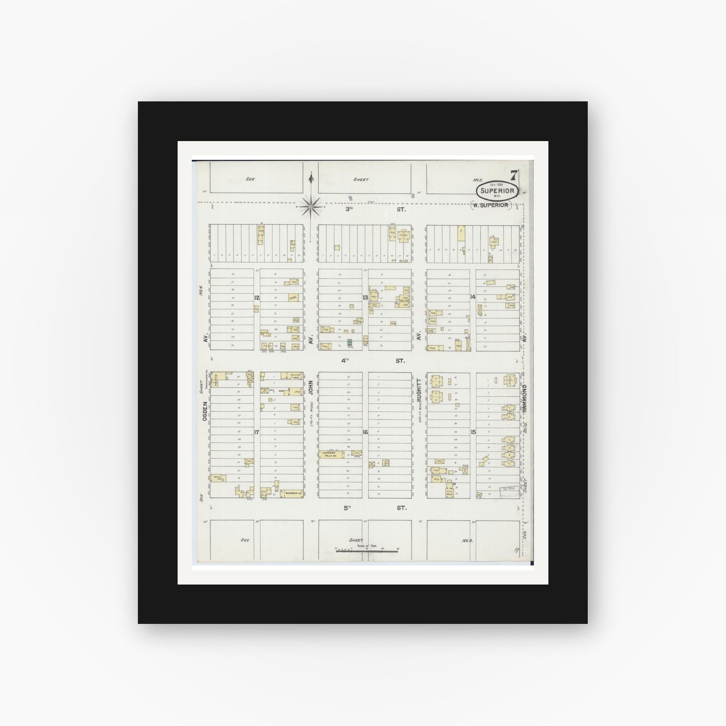 Old map wall art mockup — black gallery frame with white mat — Sanborn Fire Insurance Map from Superior, Douglas County, Wisconsin (1889), Sheet #0007