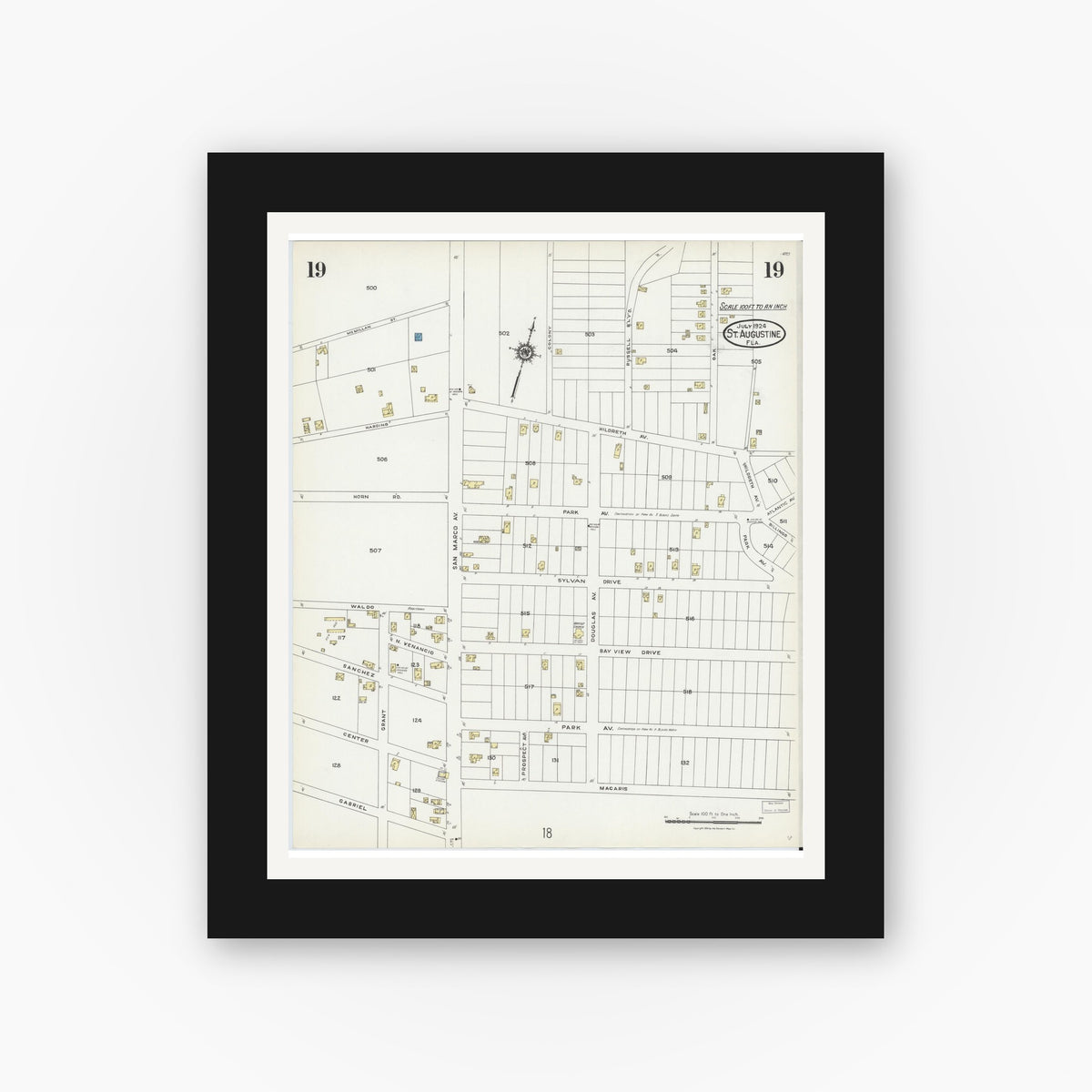 Old map wall art mockup — black gallery frame with white mat — Sanborn Fire Insurance Map from Saint Augustine, Saint John's County, Florida (1924), Sheet #0019