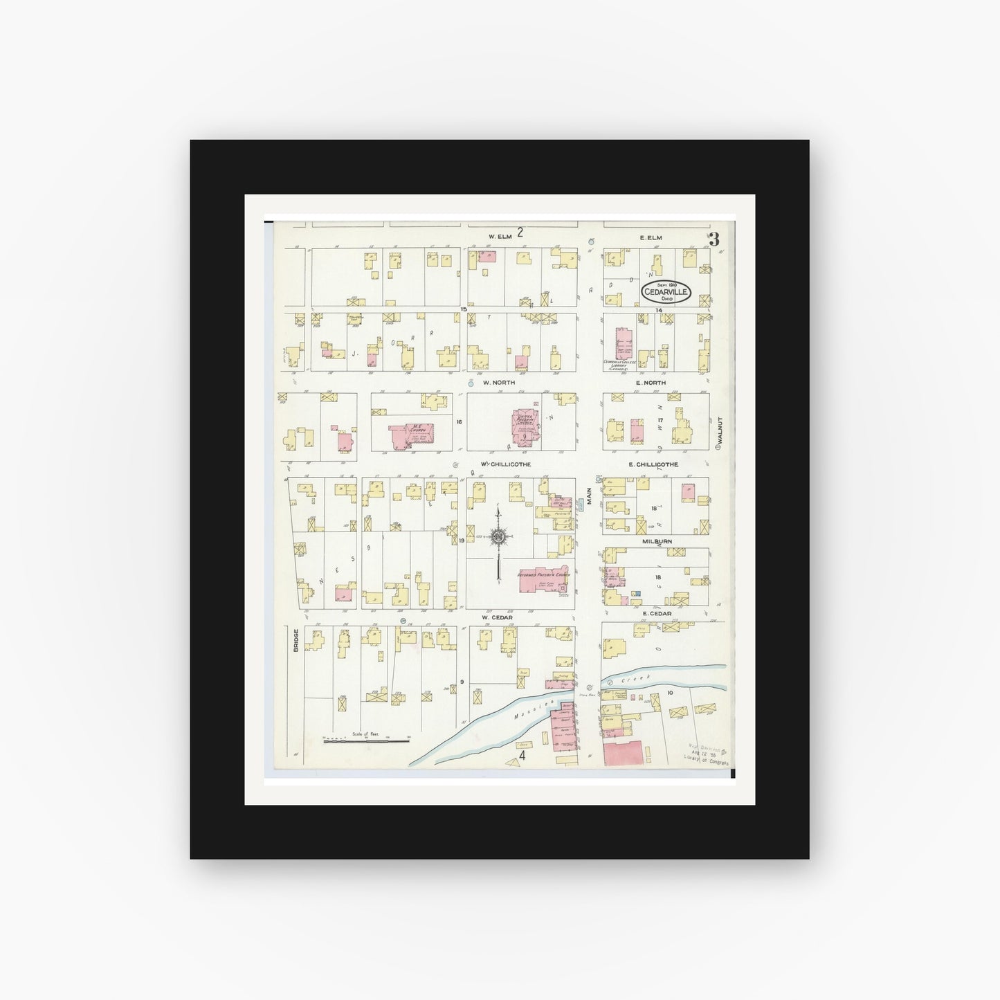 Old map wall art mockup — black gallery frame with white mat — Sanborn Fire Insurance Map from Cedarville, Greene County, Ohio (1910), Sheet #0003