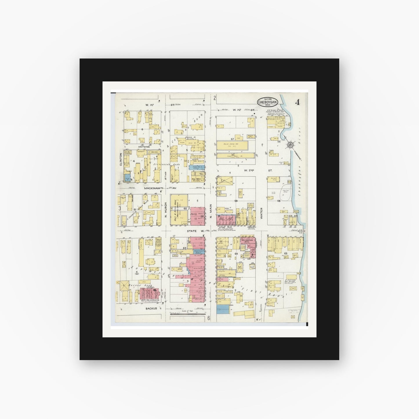 Old map wall art mockup — black gallery frame with white mat — Sanborn Fire Insurance Map from Cheboygan, Cheboygan County, Michigan (1915), Sheet #0004