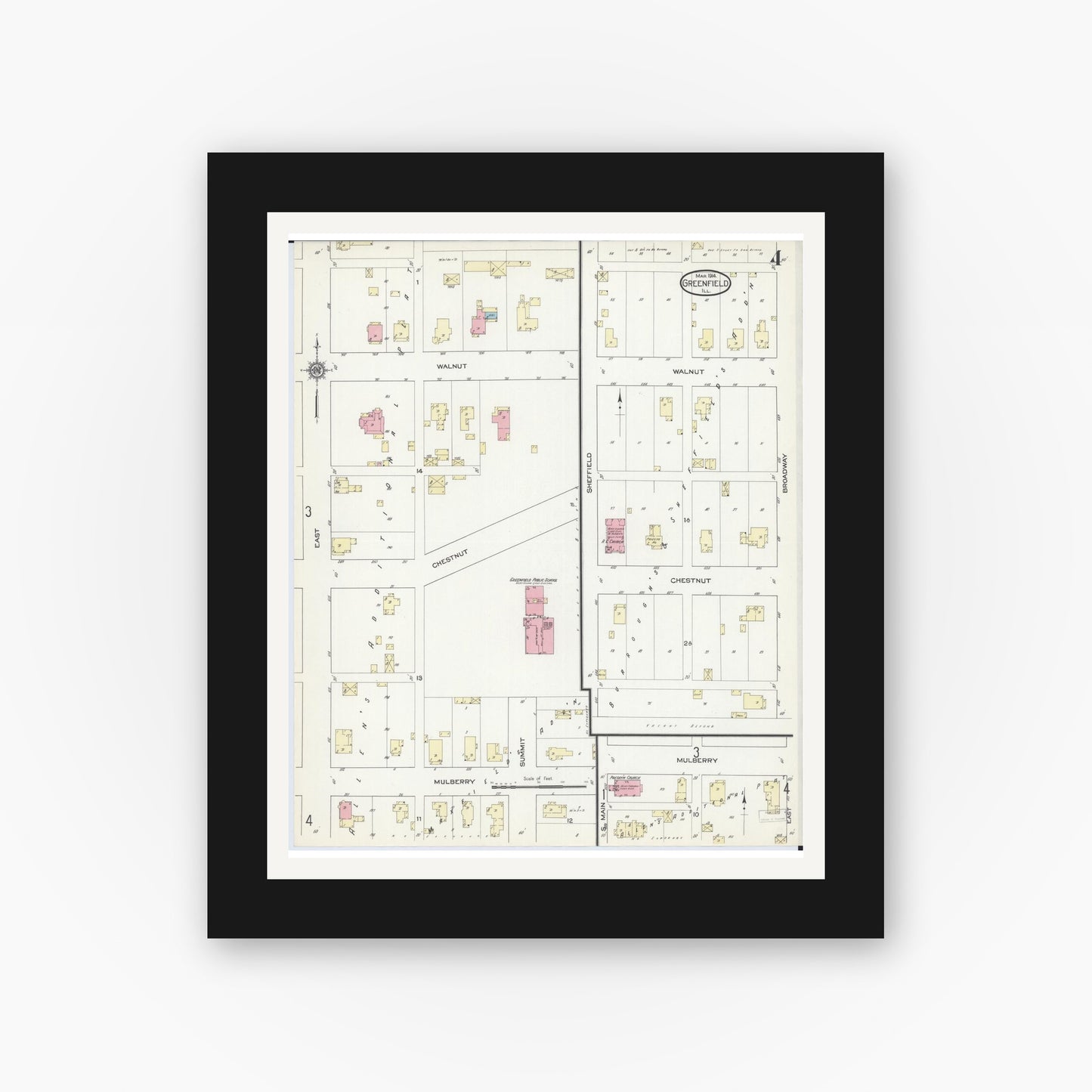 Old map wall art mockup — black gallery frame with white mat — Sanborn Fire Insurance Map from Greenfield, Greene County, Illinois (1914), Sheet #0004