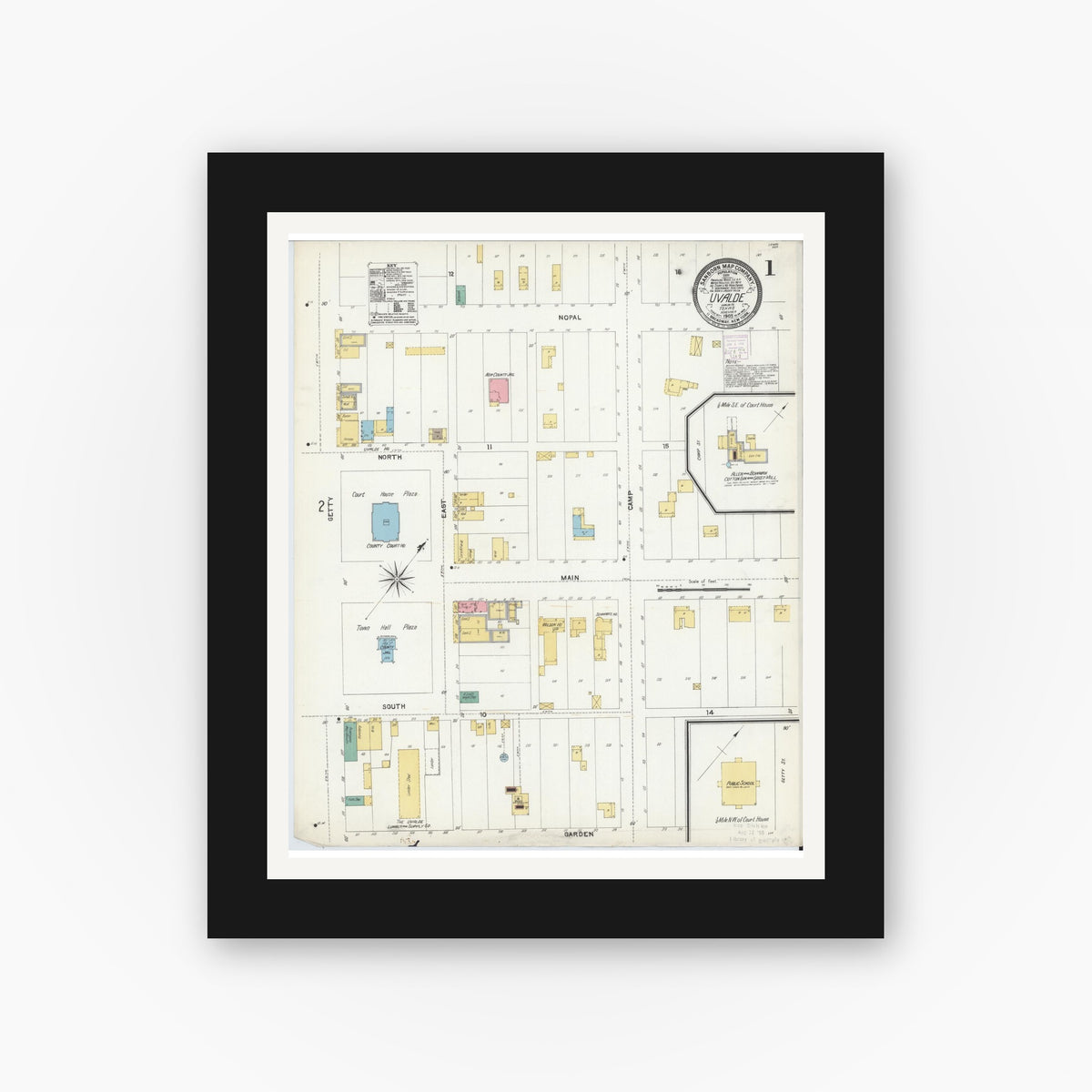 Old map wall art mockup — black gallery frame with white mat — Sanborn Fire Insurance Map from Uvalde, Uvalde County, Texas (1905), Sheet #0001