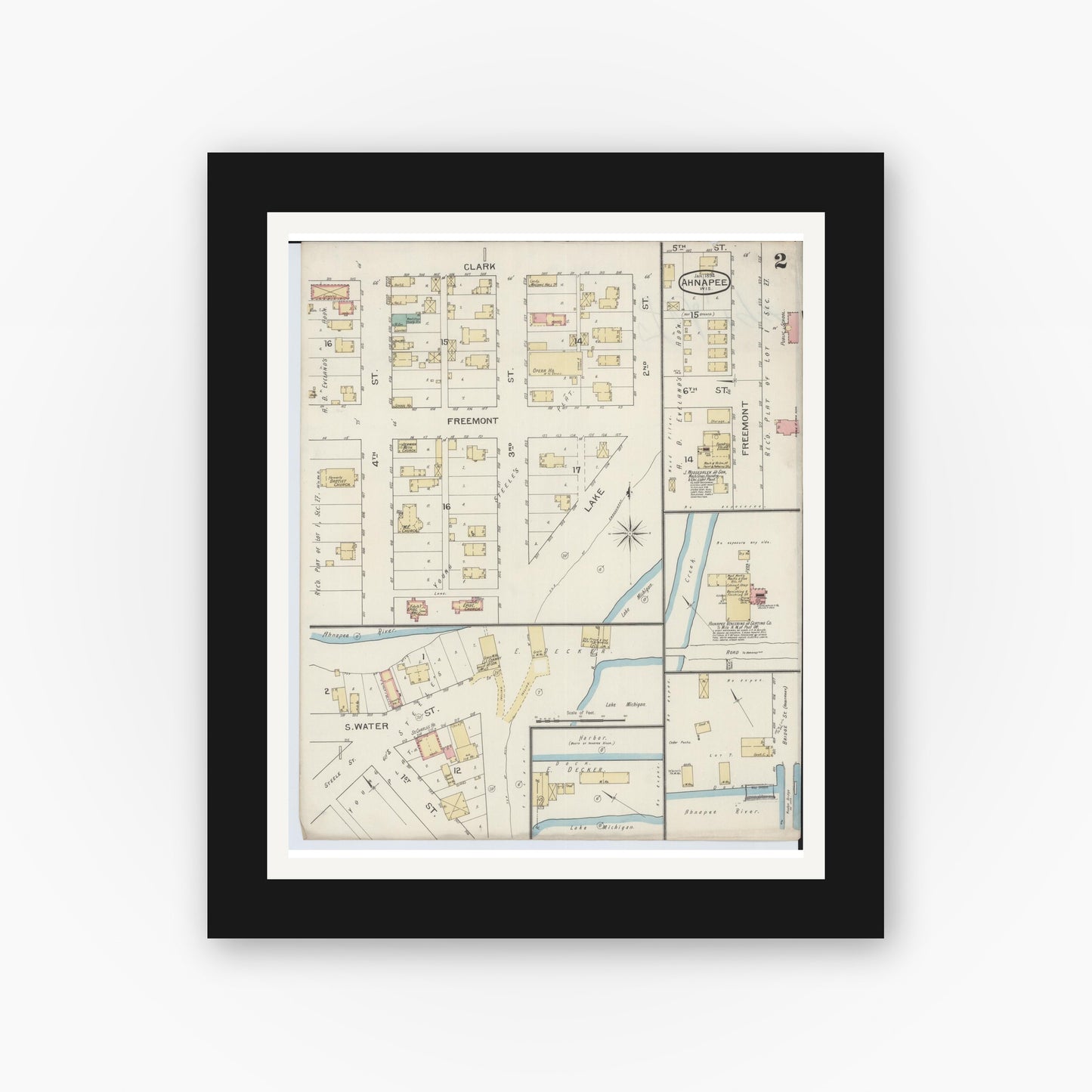 Old map wall art mockup — black gallery frame with white mat — Sanborn Fire Insurance Map from Ahnapee, Kewaunee County, Wisconsin (1894), Sheet #0002