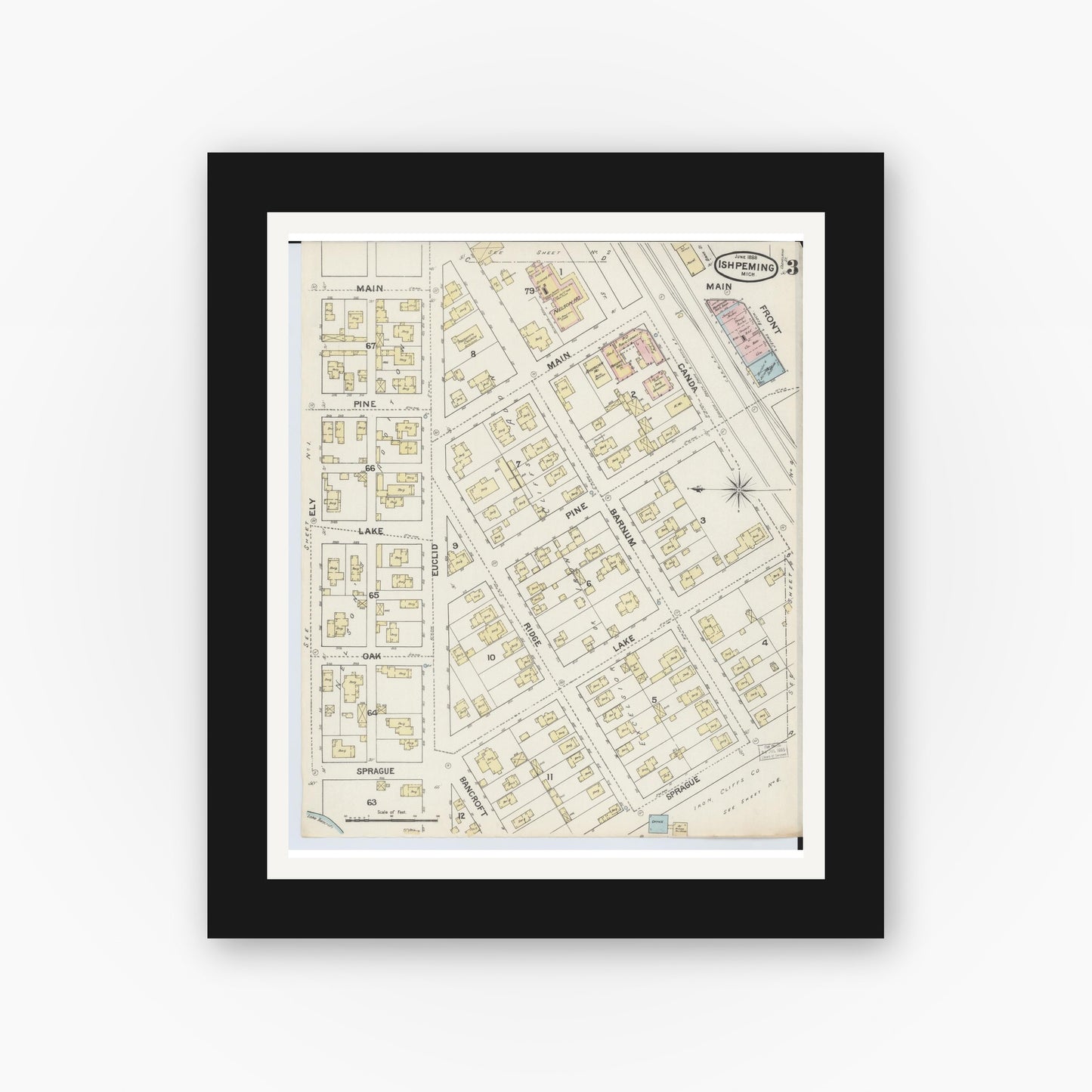 Old map wall art mockup — black gallery frame with white mat — Sanborn Fire Insurance Map from Ishpeming, Marquette County, Michigan (1888), Sheet #0003