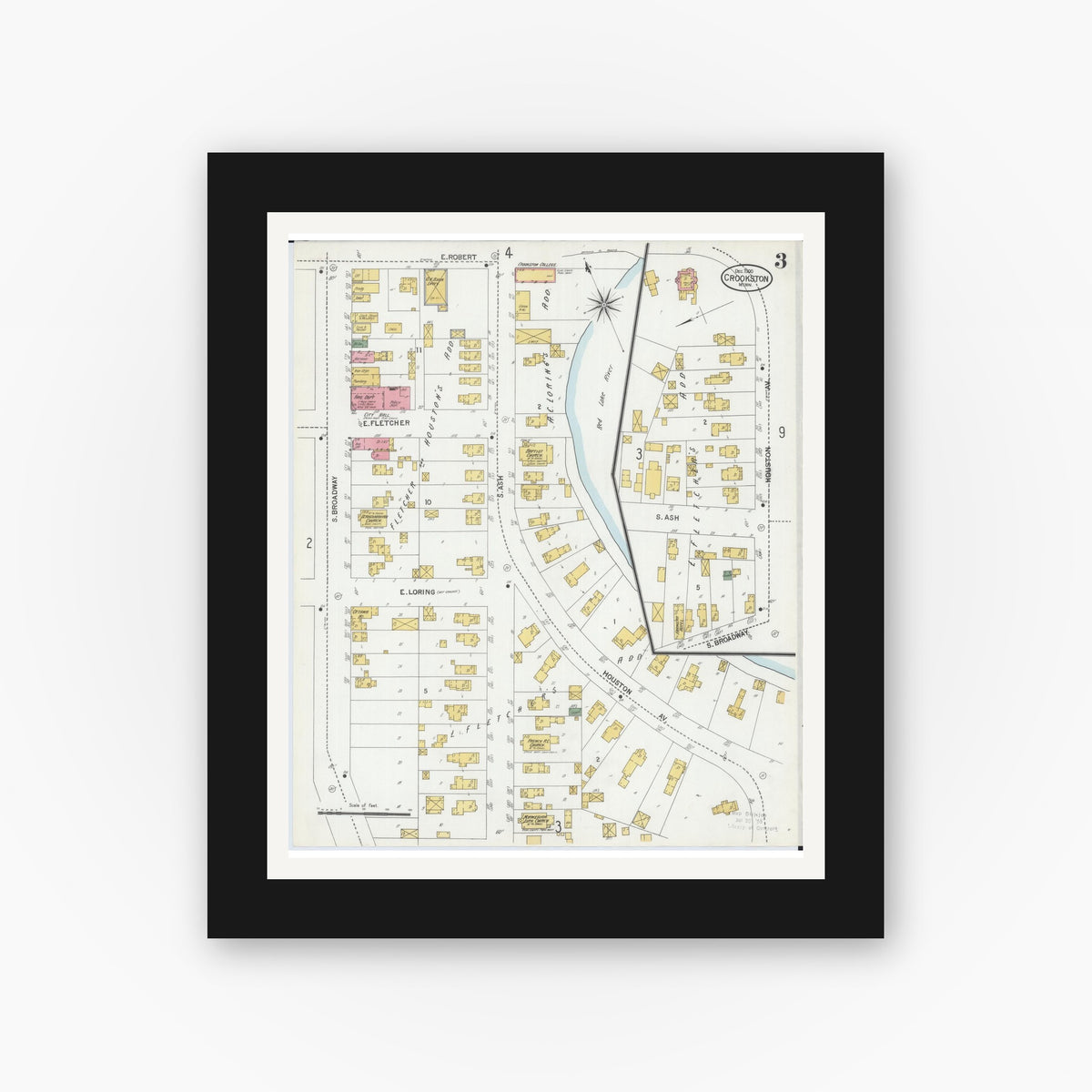 Old map wall art mockup — black gallery frame with white mat — Sanborn Fire Insurance Map from Crookston, Polk County, Minnesota (1900), Sheet #0003