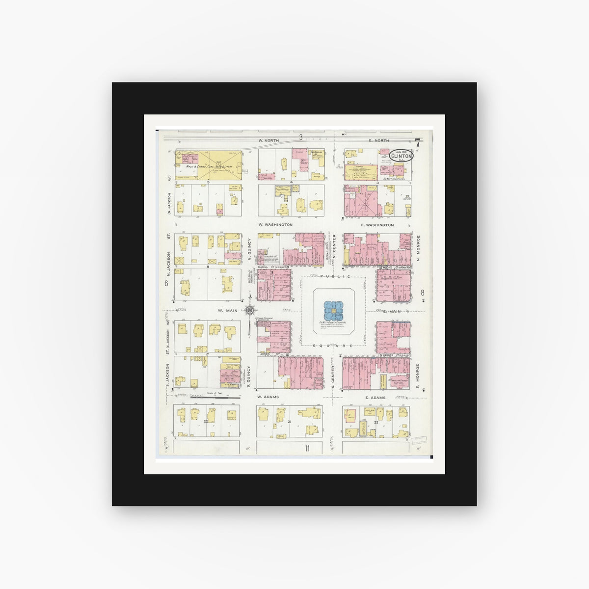 Old map wall art mockup β black gallery frame with white mat β Sanborn Fire Insurance Map from Clinton, De Witt County, Illinois (1916), Sheet #0007