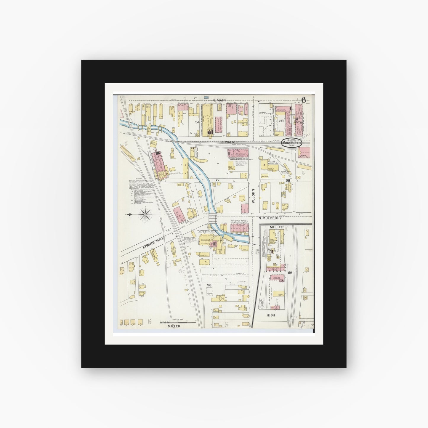 Old map wall art mockup — black gallery frame with white mat — Sanborn Fire Insurance Map from Mansfield, Richland County, Ohio (1892), Sheet #0006