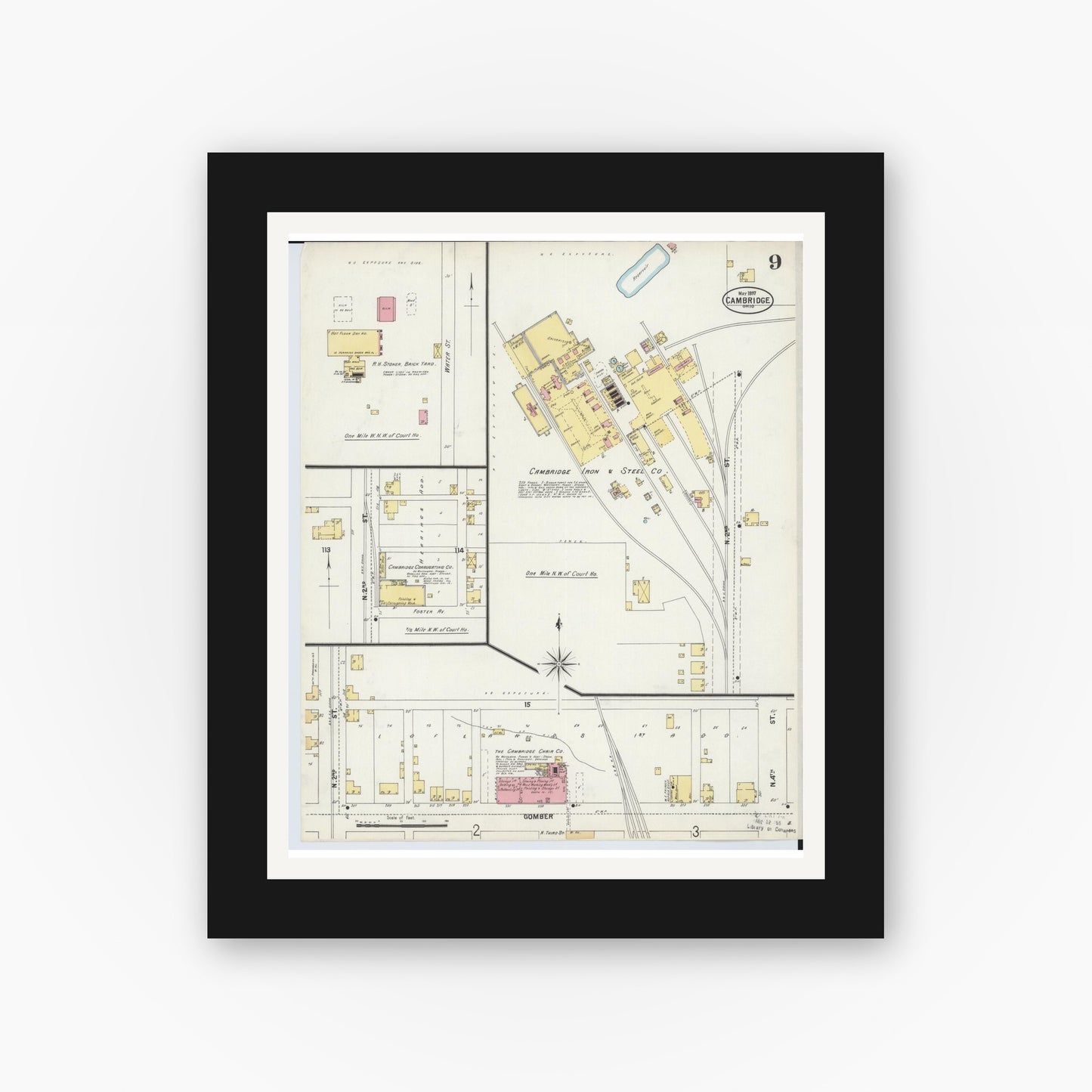 Old map wall art mockup — black gallery frame with white mat — Sanborn Fire Insurance Map from Cambridge, Guernsey County, Ohio (1897), Sheet #0009