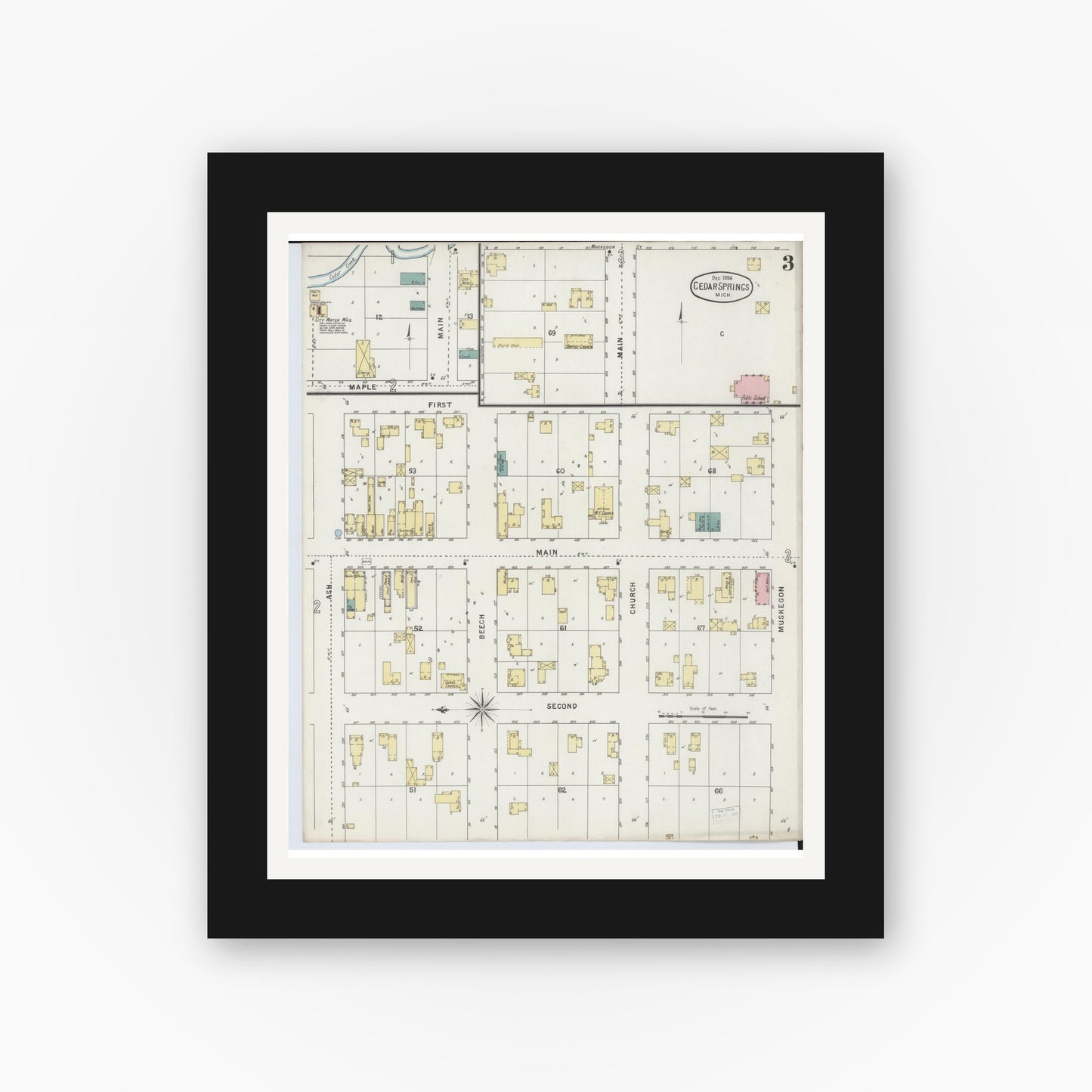 Old map wall art mockup — black gallery frame with white mat — Sanborn Fire Insurance Map from Cedar Springs, Kent County, Michigan (1894), Sheet #0003