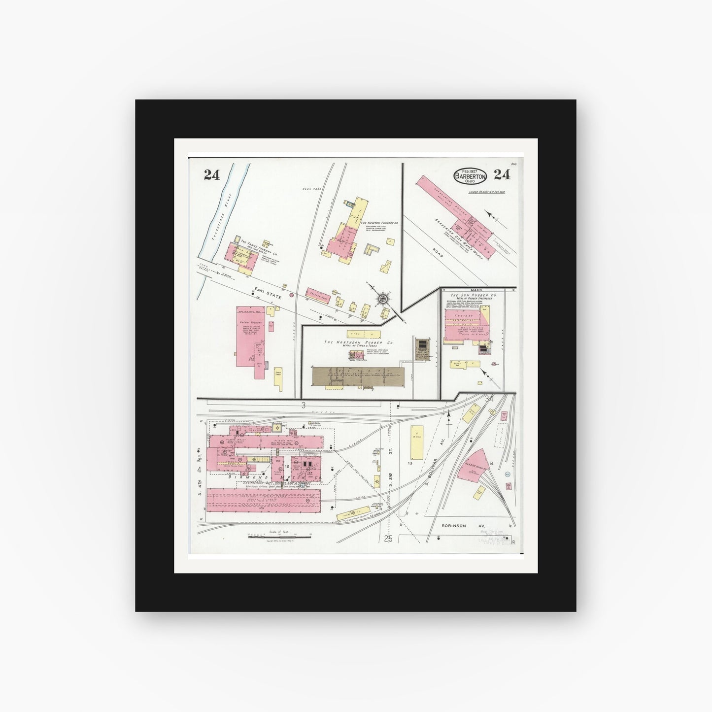 Old map wall art mockup — black gallery frame with white mat — Sanborn Fire Insurance Map from Barberton, Summit County, Ohio (1927), Sheet #0024