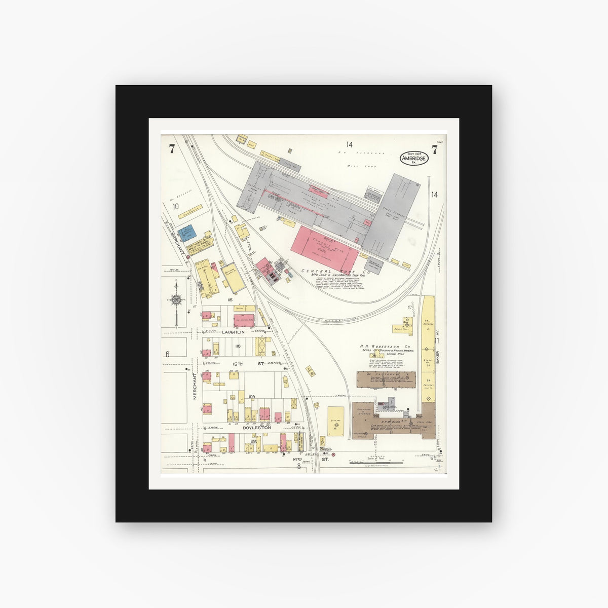 Old map wall art mockup — black gallery frame with white mat — Sanborn Fire Insurance Map from Ambridge, Beaver County, Pennsylvania (1923), Sheet #0007