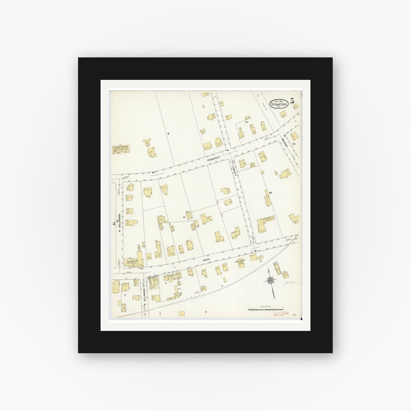 Old map wall art mockup — black gallery frame with white mat — Sanborn Fire Insurance Map from Stamford, Delaware County, New York (1912), Sheet #0005