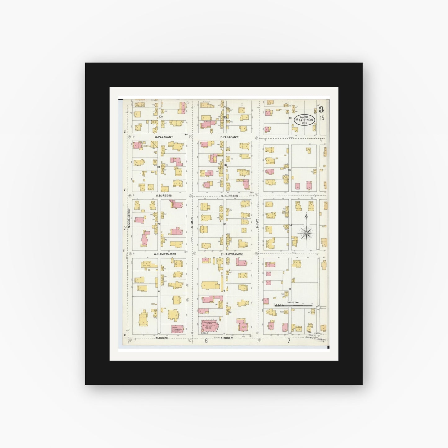Old map wall art mockup — black gallery frame with white mat — Sanborn Fire Insurance Map from Mount Vernon, Knox County, Ohio (1903), Sheet #0003