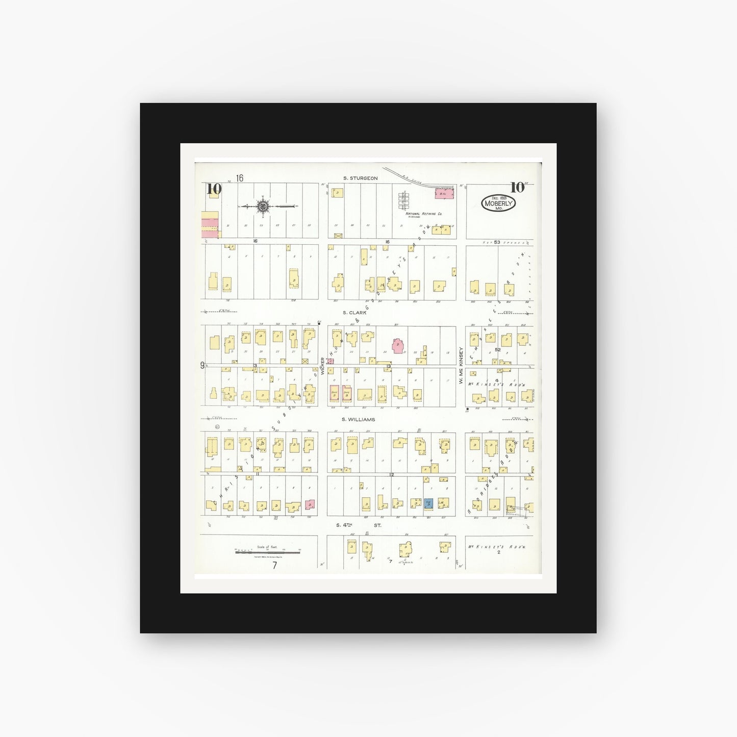 Old map wall art mockup — black gallery frame with white mat — Sanborn Fire Insurance Map from Moberly, Randolph County, Missouri (1923), Sheet #0010