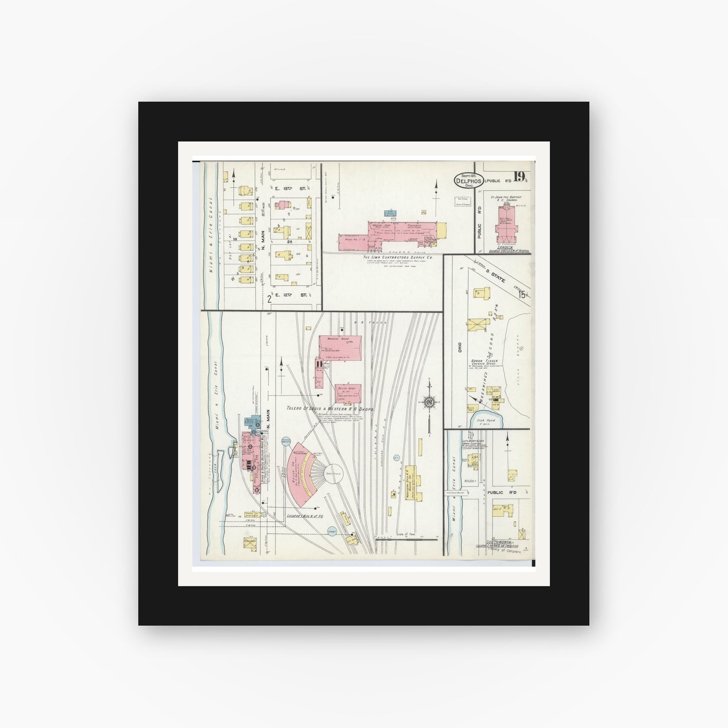 Old map wall art mockup — black gallery frame with white mat — Sanborn Fire Insurance Map from Delphos, Van Wert And Allen Counties, Ohio (1911), Sheet #0019