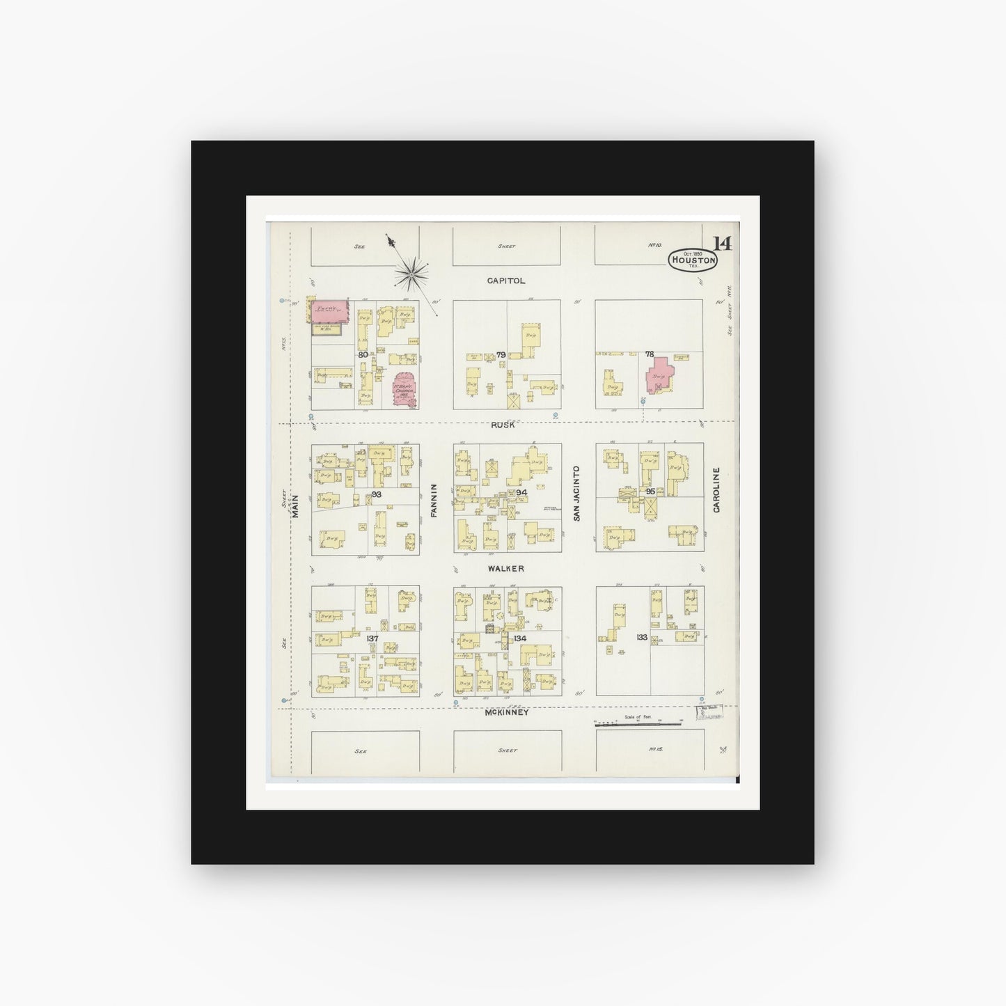 Old map wall art mockup — black gallery frame with white mat — Sanborn Fire Insurance Map from Houston, Harris County, Texas (1890), Sheet #0014