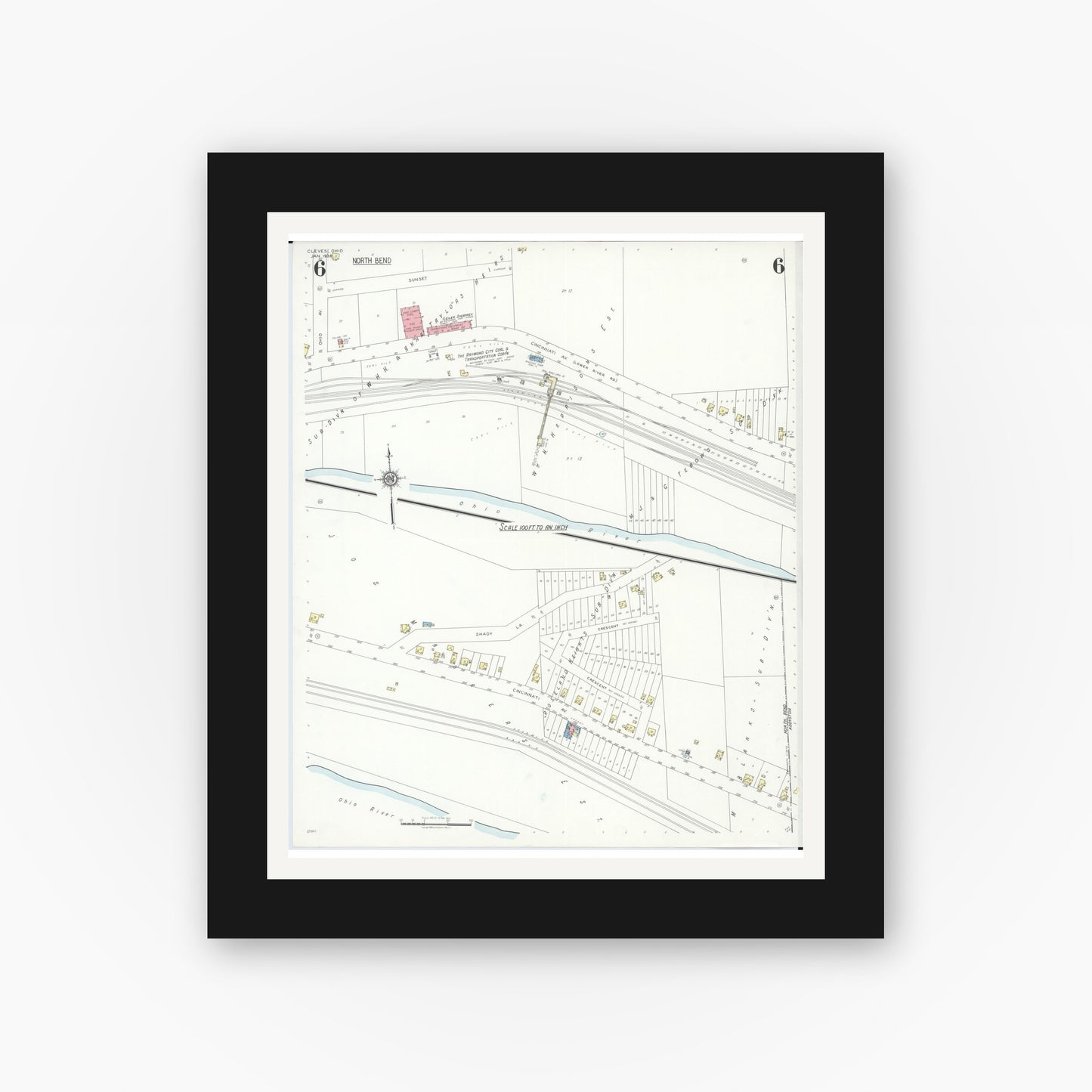 Old map wall art mockup — black gallery frame with white mat — Sanborn Fire Insurance Map from Cleves, Hamilton County, Ohio (1938), Sheet #0006