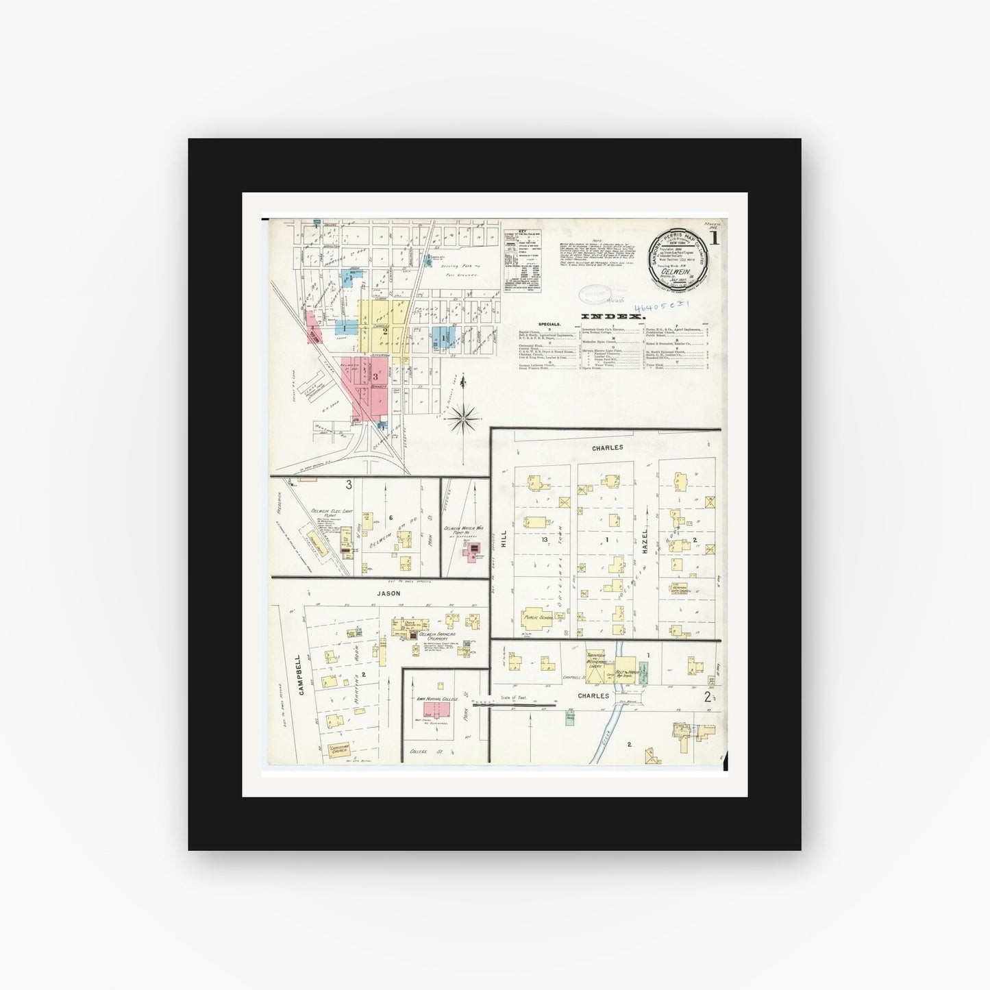 Old map wall art mockup — black gallery frame with white mat — Sanborn Fire Insurance Map from Oelwein, Fayette County, Iowa (1897) — Complete Set