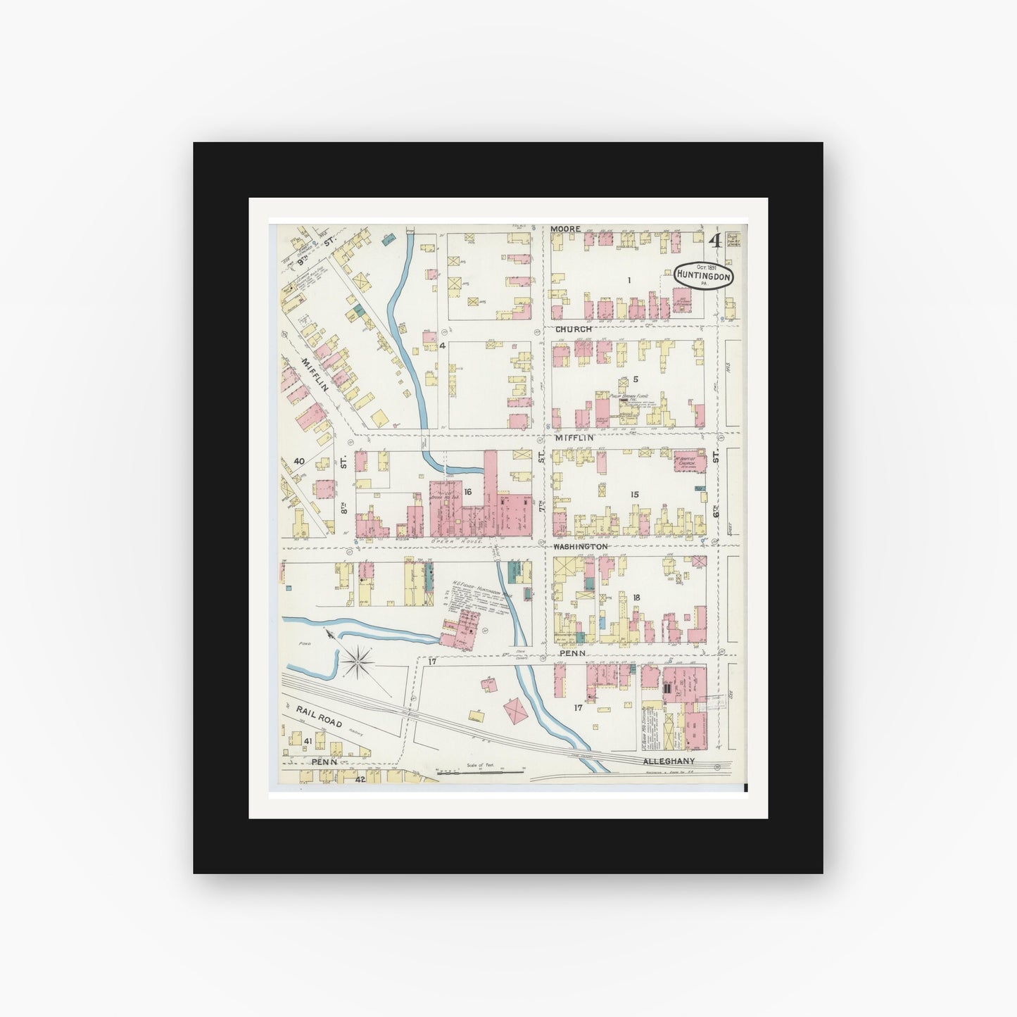 Old map wall art mockup — black gallery frame with white mat — Sanborn Fire Insurance Map from Huntingdon, Huntingdon County, Pennsylvania (1891), Sheet #0004